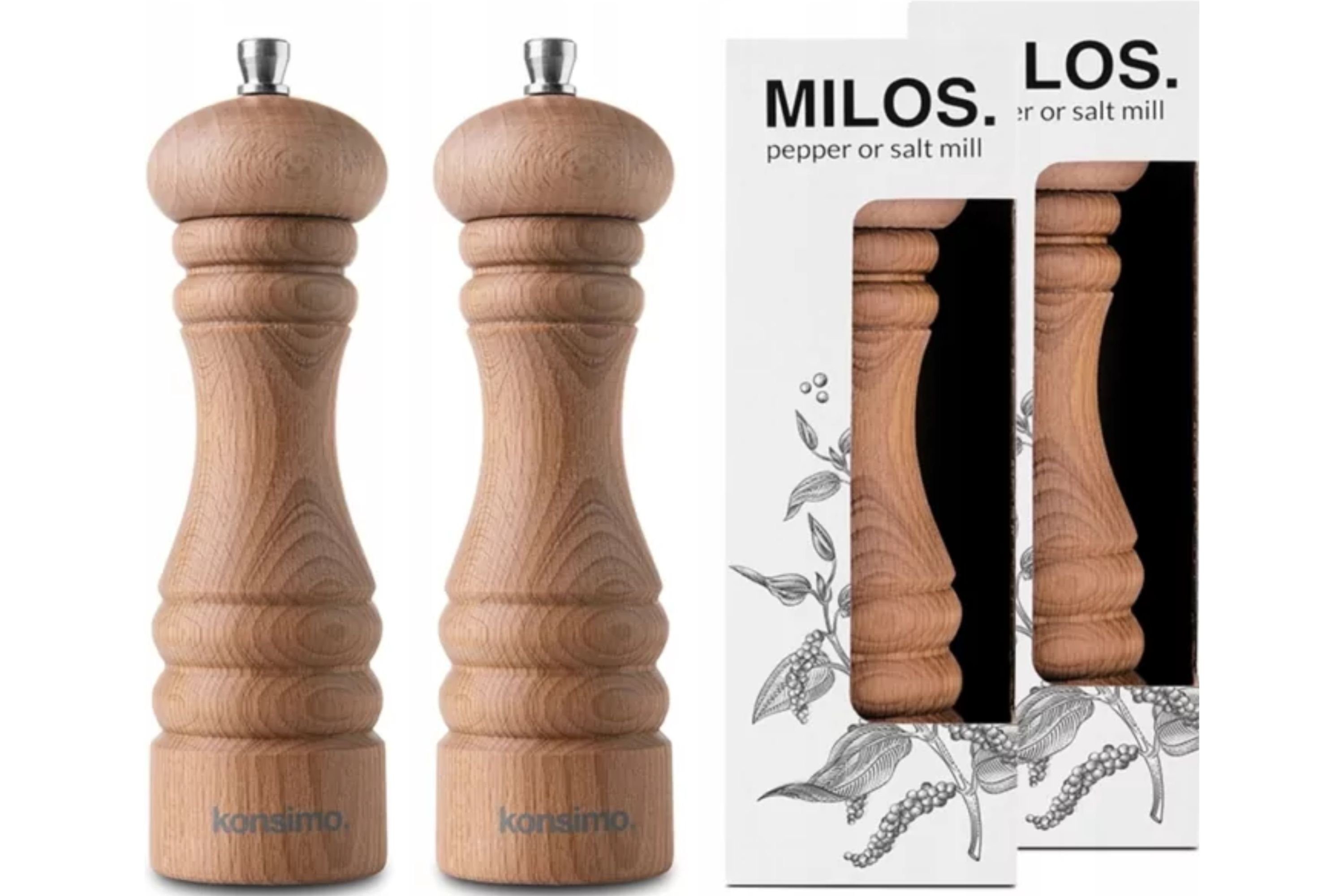 KONSIMO® Salz-/Pfeffermühle MILOS Gewürzmühlen Salzmühlen Pfeffermühlen 18 cm manuell, (2 Stück), Buchenholz, Mechanismus aus rostfreiem Stahl, modernes Design