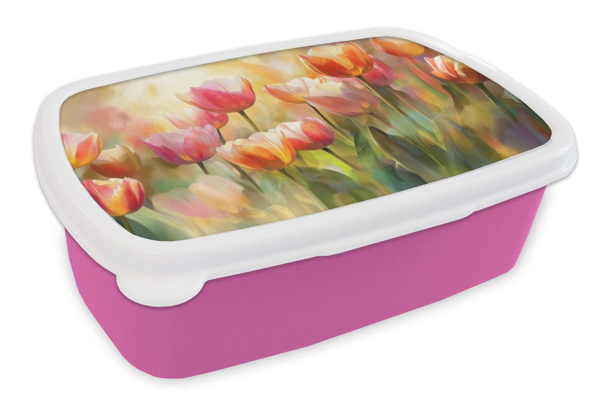 MuchoWow Lunchbox Tulpen - Märchenhaft - Farbenfroh, Kunststoff, (2-tlg), Brotdosen, Lunch Box, Brotbox für Kinder und Erwachsene