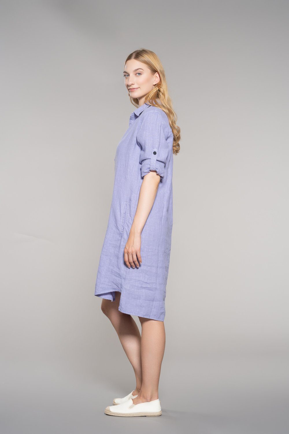 fv-Kl:eo, Tunika, adjustable Feuervogl Pure Hemdblusenkleid Linen sleeve,