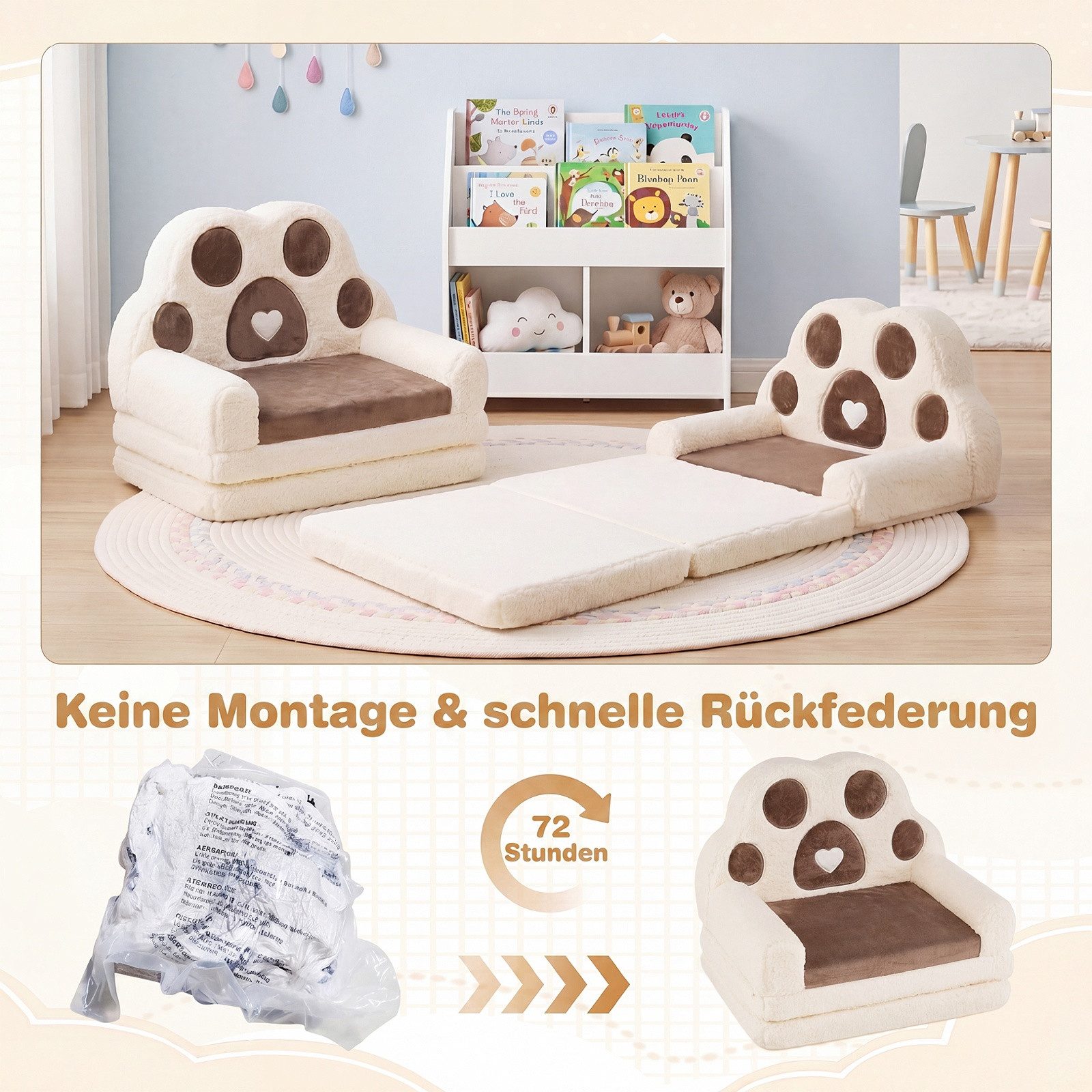 COSTWAY Kindersofa 2 in 1 Kindersessel, Ausklappbar in Bärentatzen Form, Spielsofa, Kindercouch – Bild 2 von 5