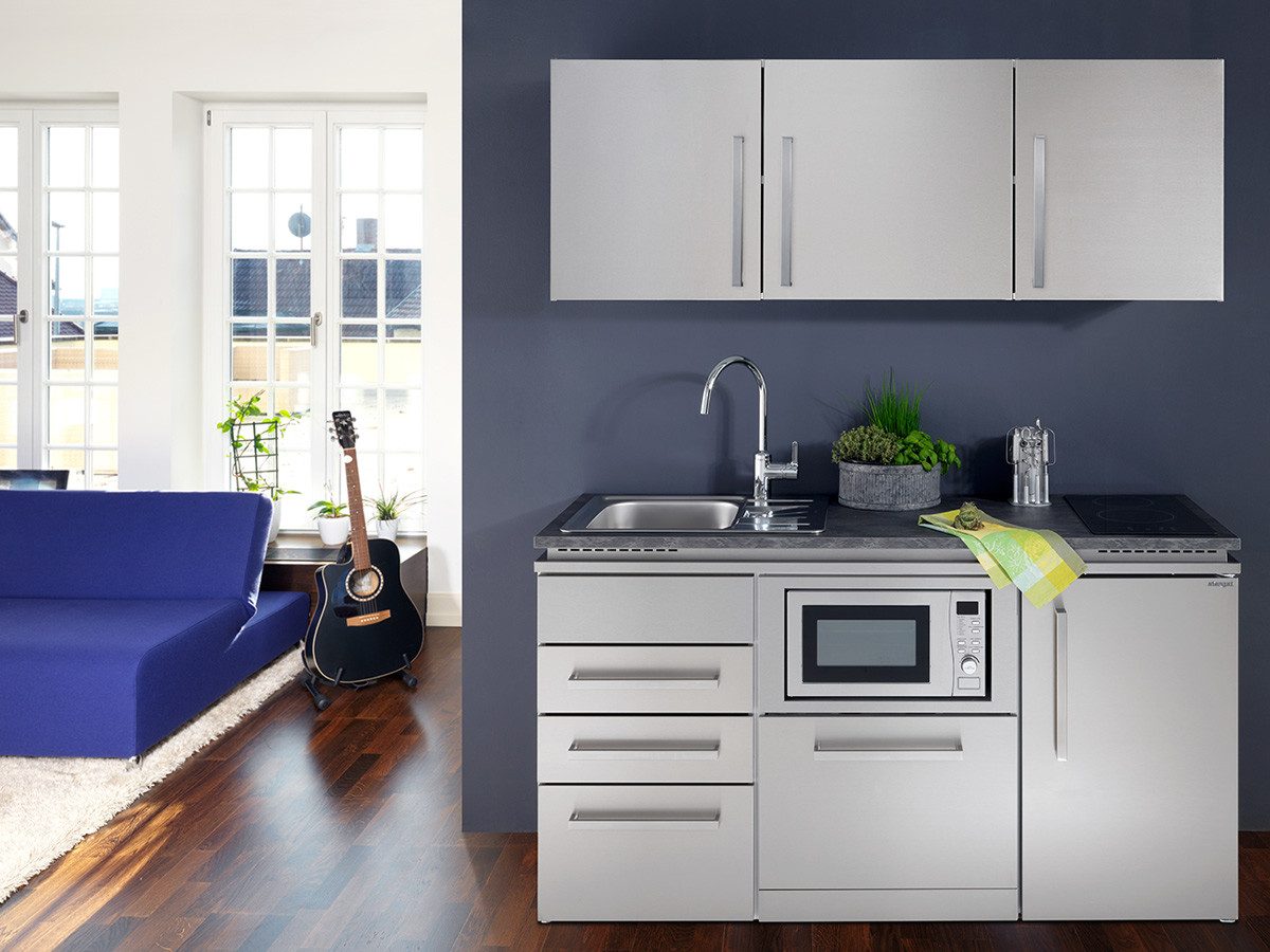 Stengel Кухниzeile 160 cm SOFIA Кухниblock aus Metall mit E-Geräten, Singleküche, Кухниblock mit Spüle, E-Geräten: Kühlschrank, Induktionskochfeld
