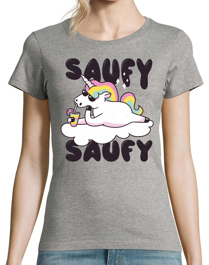 Print-Shirt SAUFY T-Shirt SAUFY Spruch mit lustigem Unicorn Einhorn Aufdruck Fun-Look und Damen Designz Youth Grau