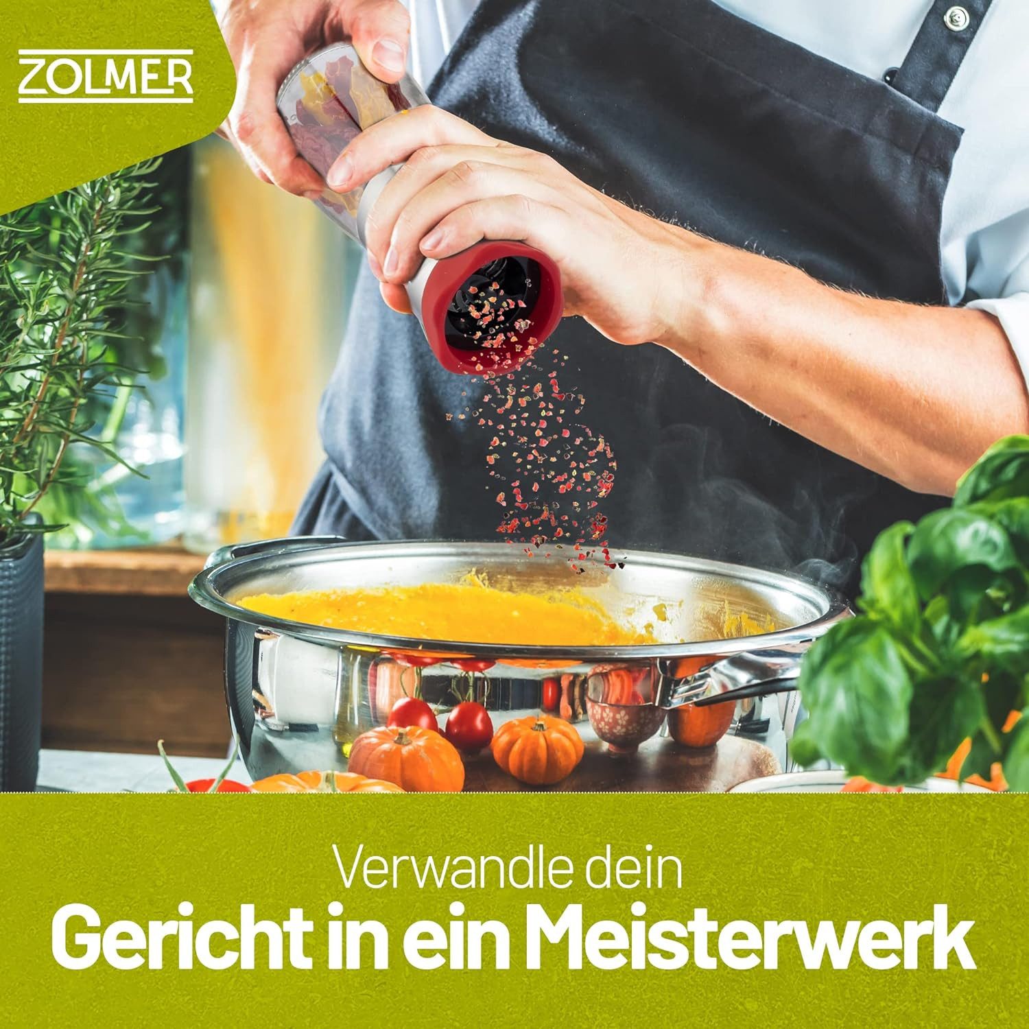 ZOLMER Chilimühle aus Edelstahl & Glas, Gewürzschneider Schneidwerk Chilischneider für grobe Gewürze & Chili, (1 Stück), Gewürzmühle Kräutermühle - mit Aroma-Schutzdeckel