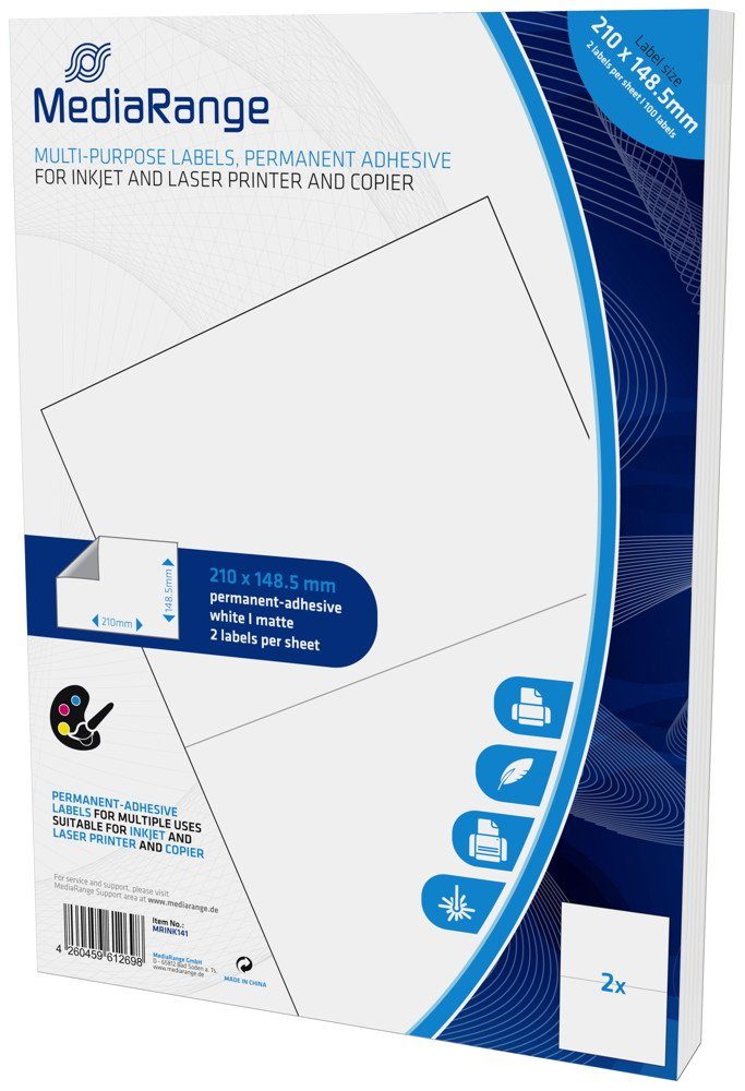 Mediarange Etikettenpapier 100 Etiketten Label selbstklebend A5 210 x 148,5 mm auf 50 A4 Bogen