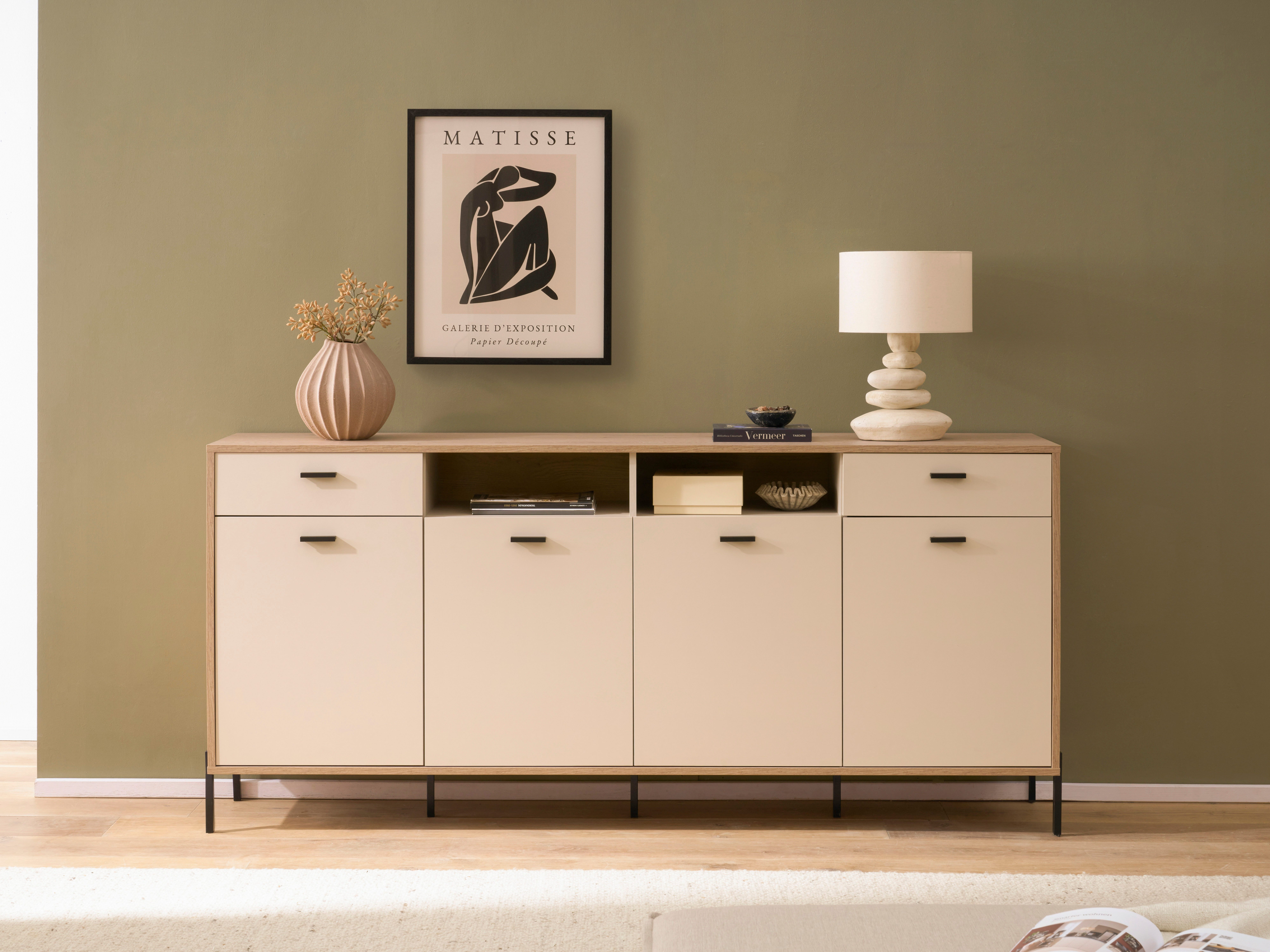 Home affaire Sideboard Fredericia, moderne Kommode, Schrank in Kaschmir, 205 cm breit, zeitlos, schwarze Metallgriffe und -füße, ausreichend Stauraum