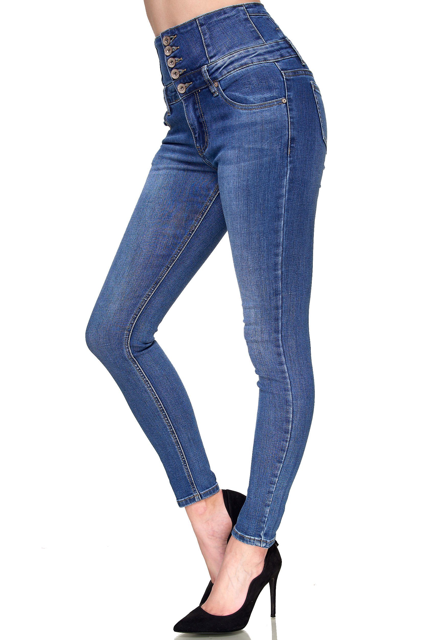 Damen Skinny Elara Blau Waist Elara stretch (1-tlg) High-waist-Jeans Jeans High