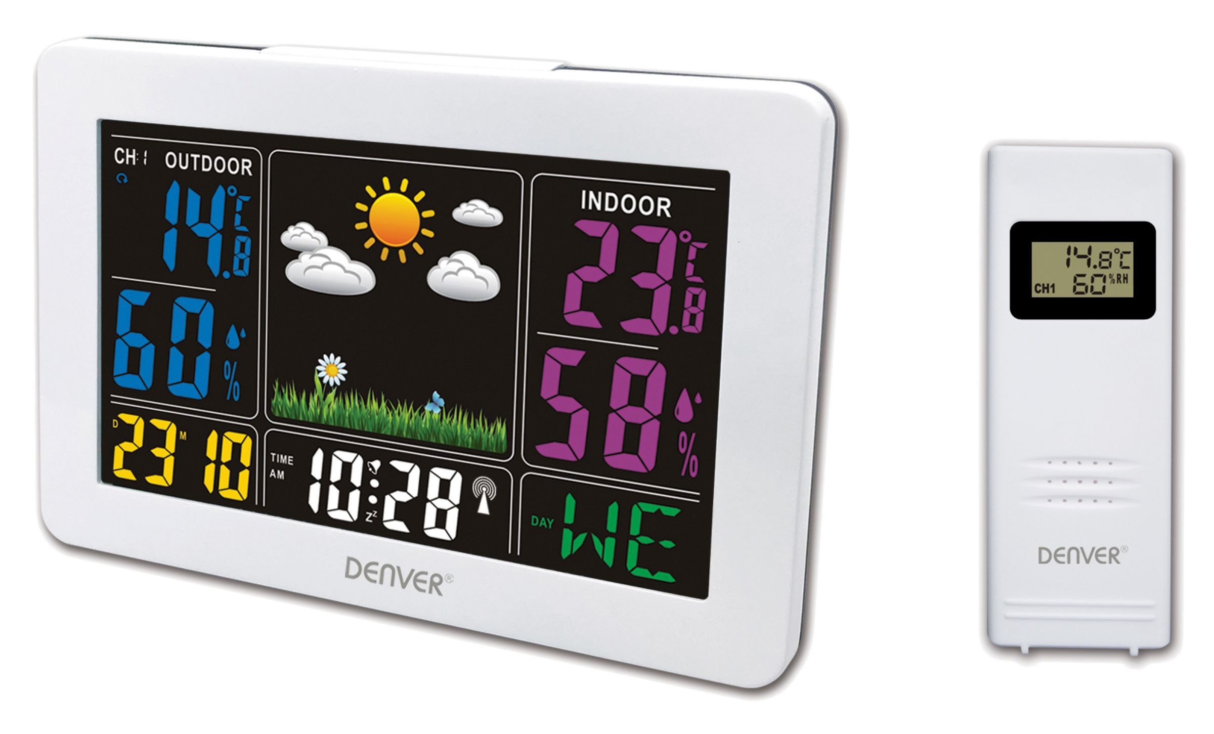 Denver WS-540 Funkwetterstation (Wetterstation mit Uhr und Kalender- Funktion, farbiges Display)