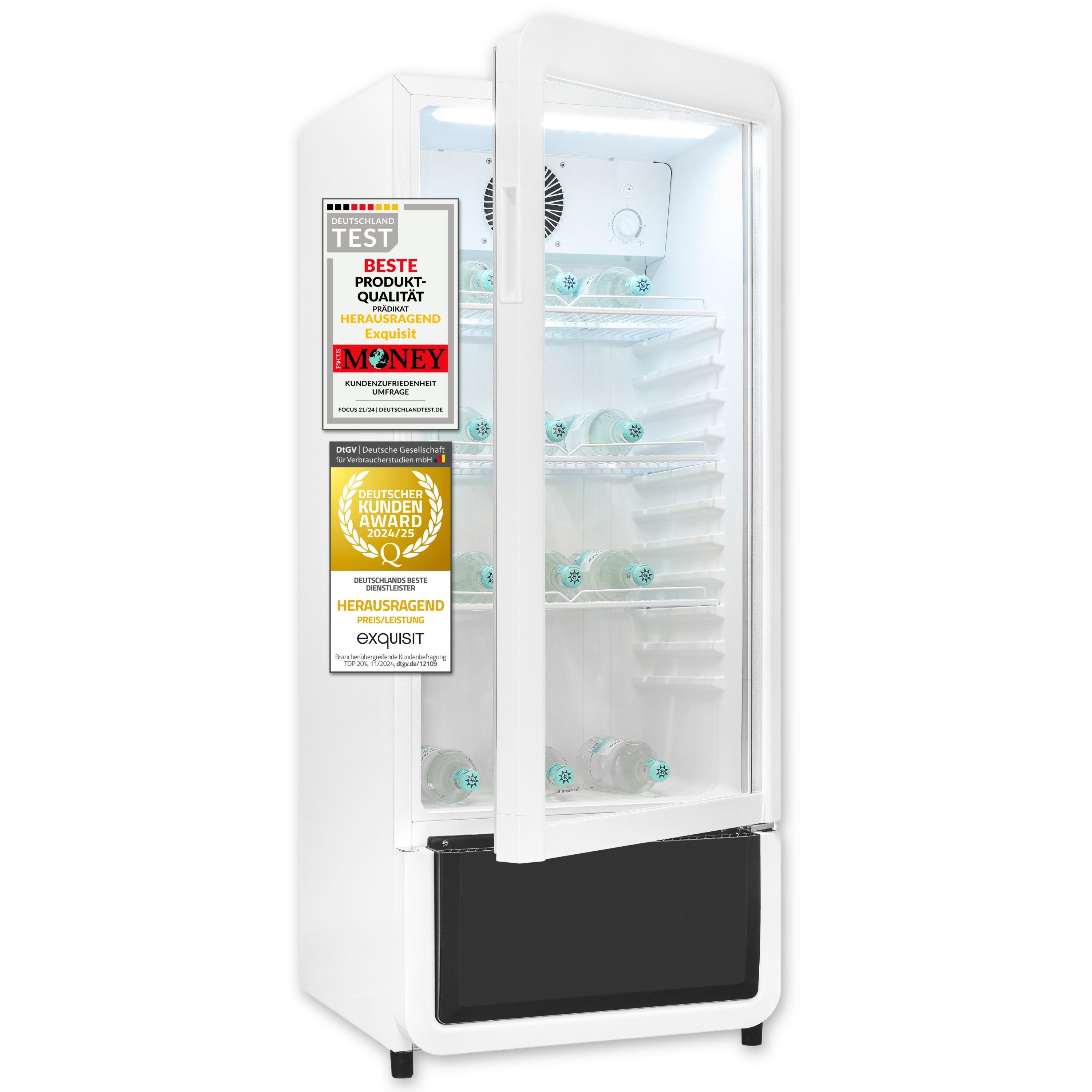 exquisit Getränkekühlschrank GKS180-GT-431D, 132.5 cm hoch, 54 cm breit, 200l Glastürkühlschrank mit LED, Umluftventilator, 3 Ablagen, CoolPro