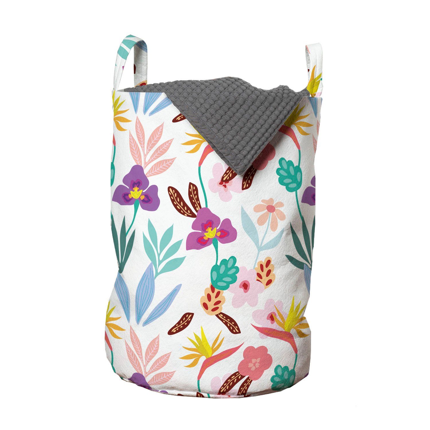 Abakuhaus Wäschesäckchen Wäschekorb mit Griffen Kordelzugverschluss für Waschsalons, Rosa Blumen Vibrant exotische Flora | Wäschesäcke