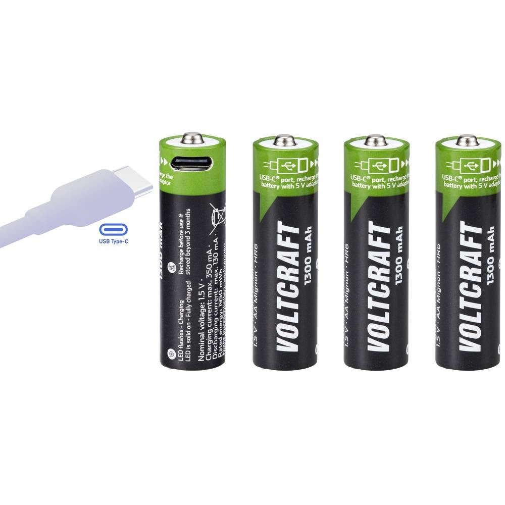 Li-Ion USB-C® Akkus, AA 1.5 V, 1300 mAh ladbar Akku