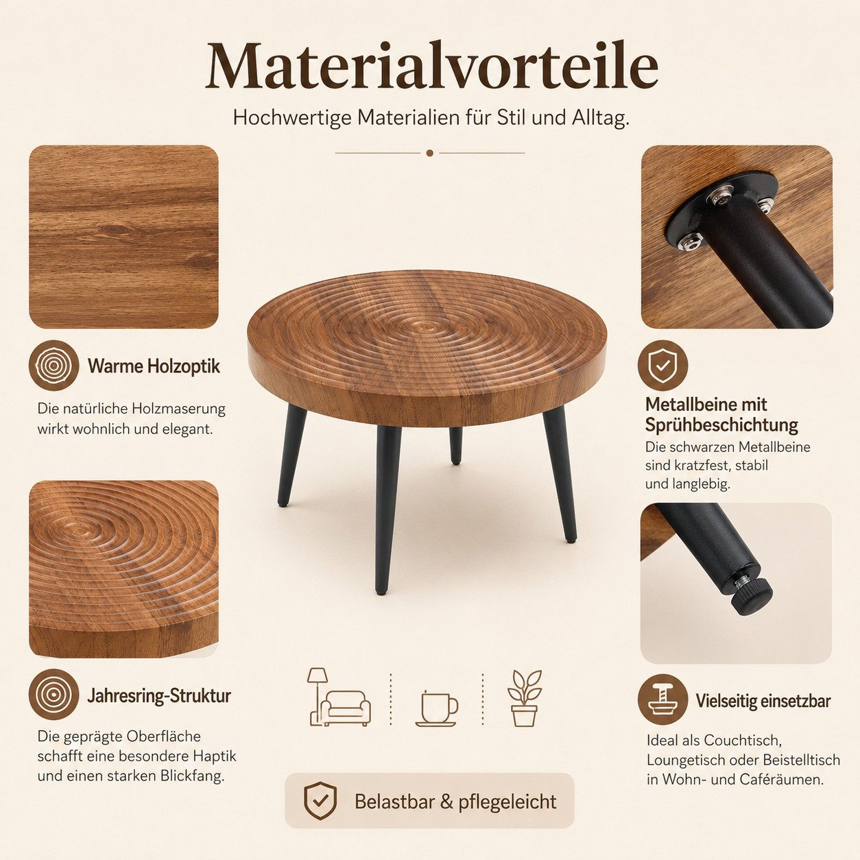 Celya Couchtisch Moderner runder Beistelltisch mit 5cm starker Tischplatte (mit Metallfüßen, vielseitig einsetzbar für Wohnzimmer, Café und Büro) – Bild 5 von 5