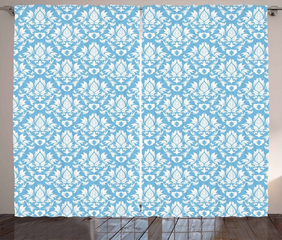 Gardine Schlafzimmer Kräuselband Vorhang mit Schlaufen und Haken,  Abakuhaus, Damast Blau Weiß Alten Garten
