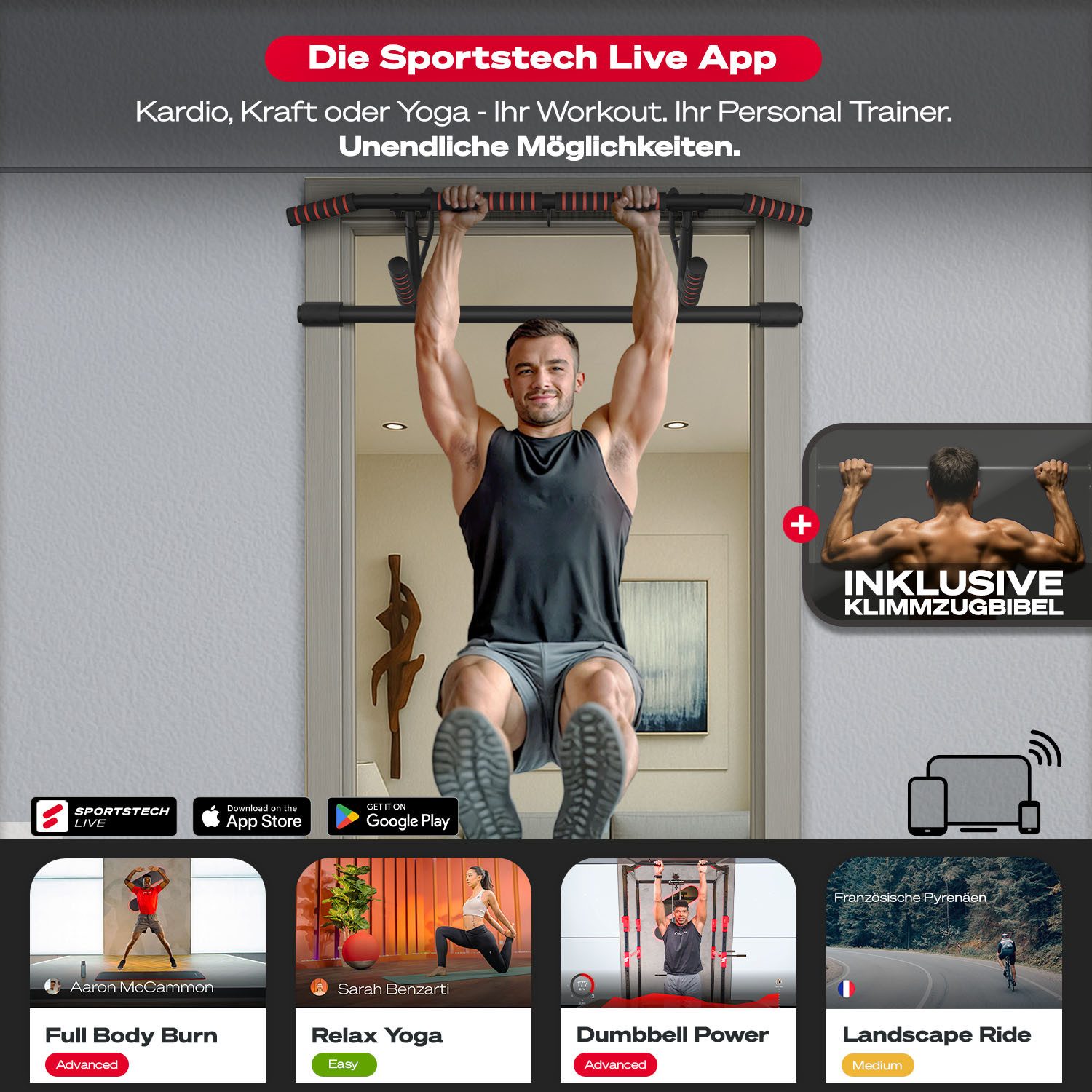 Sportstech Klimmzugstange Pullmate, Ohne Schrauben, bis 200 kg belastbar, Klappbar und verstaubar