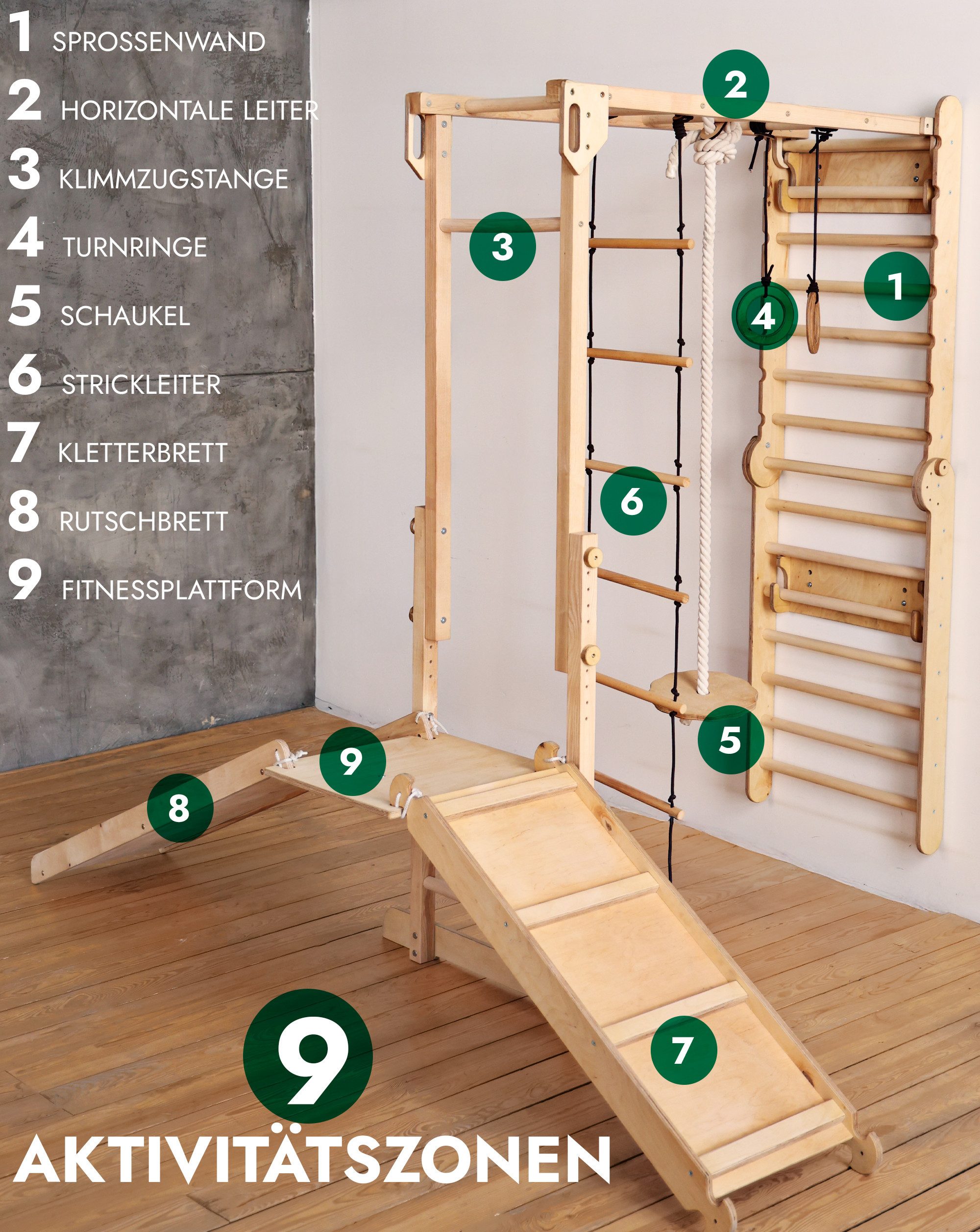 Goodevas Klettergerüst Multifunktionale Schwedenwand & Klettergerüst für Kinder, (9-St)
