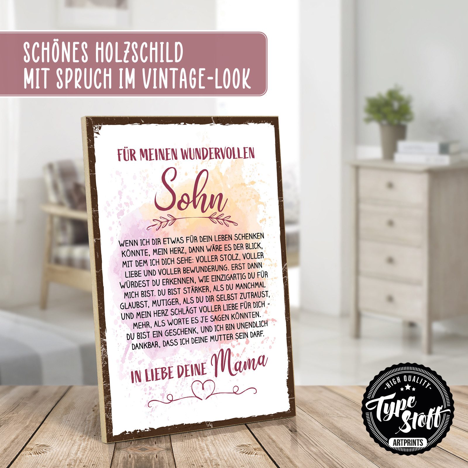 TypeStoff Wandbild Holzschild mit Spruch - Für meinen wundervollen Sohn