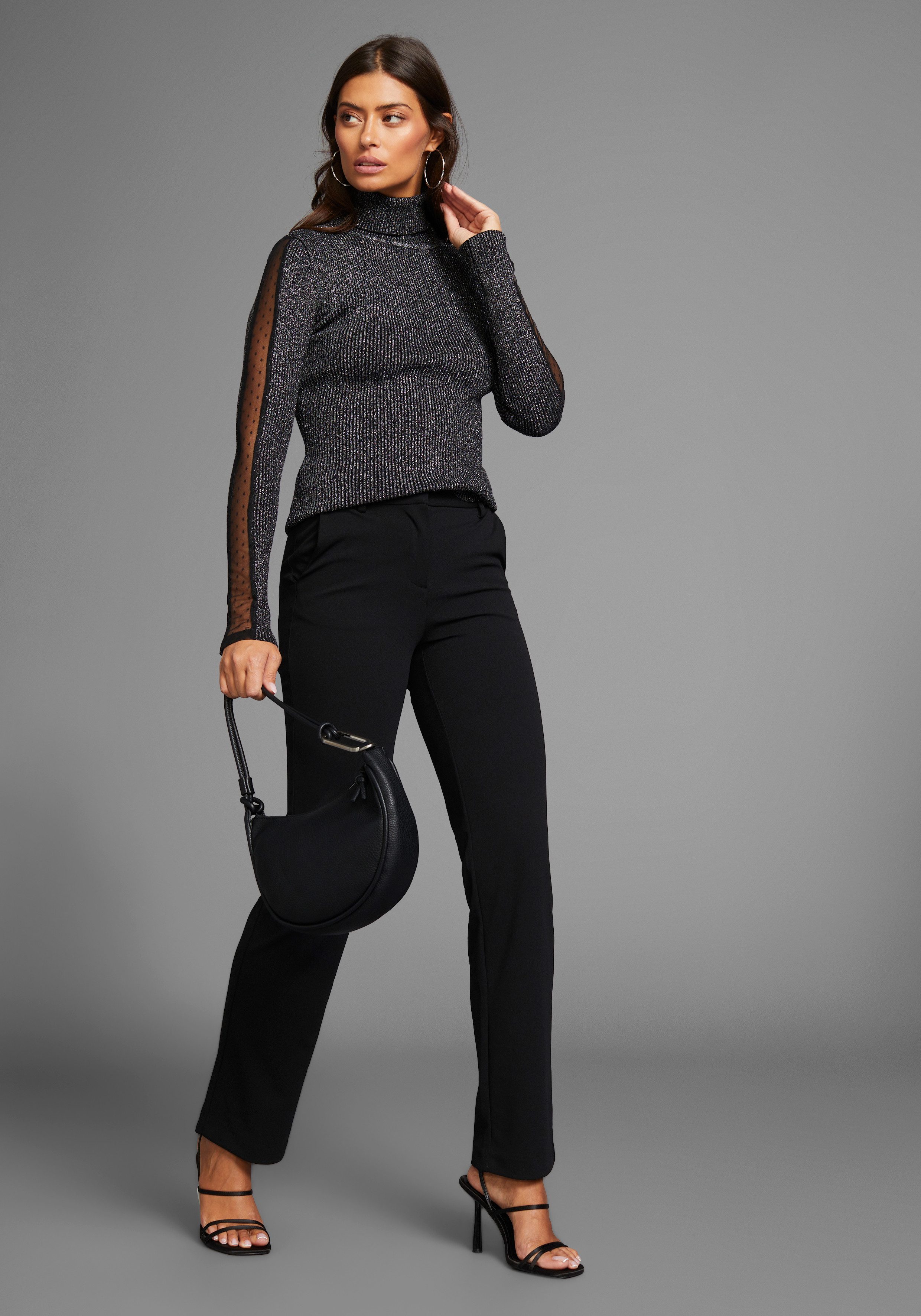 Laura Scott Rollkragenpullover mit Mesheinsatz am Ärmel aus glitzerndem Lurex