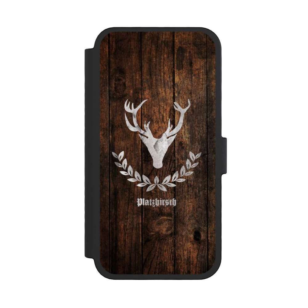 NIVOCASE Handyhülle Hirsch Holzoptik Holz Platzhirsch, Apple iPhone 16 Pro Klapphülle Handyhülle aus Kunst Leder