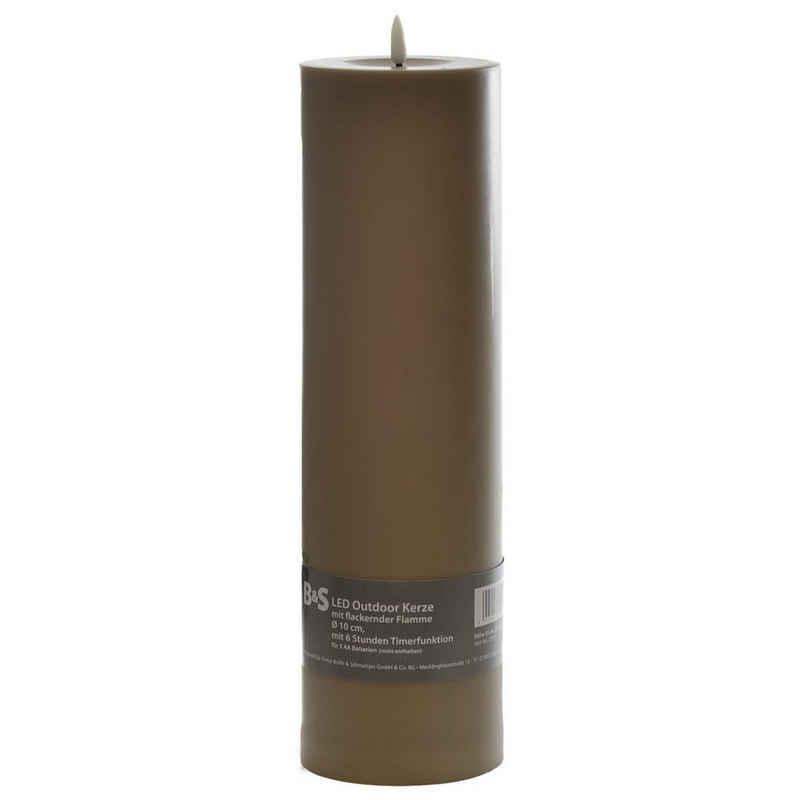 B&S LED-Kerze LED Kunststoffkerze Outdoor taupe 35 x Ø 10 cm Flackerflamme / Timer