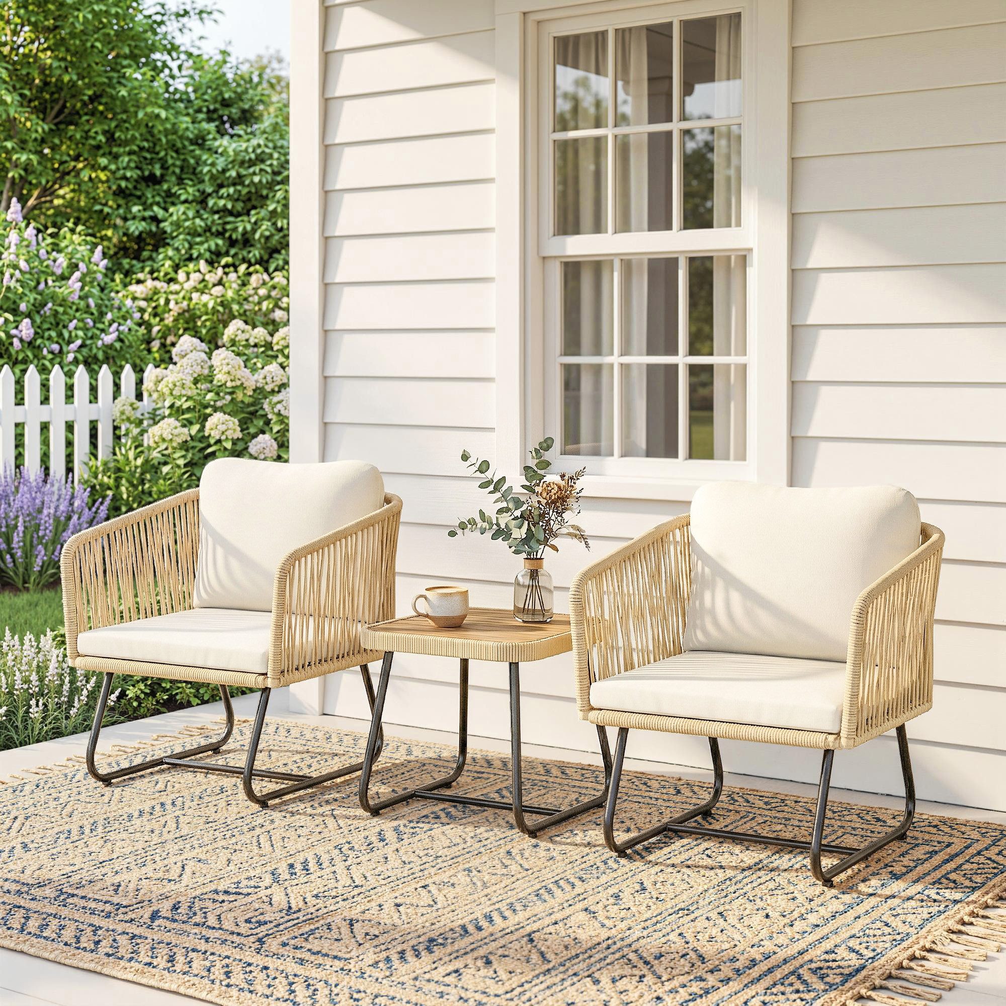 Outsunny Sitzgruppe FSC Akazienholz mit 2 Sessel, Lamell-Tisch, Balkonmöbel-Set, (Gartenmöbel-Set, 3-tlg., Rattan Bistroset), für Garten, Terrasse Cremeweiß