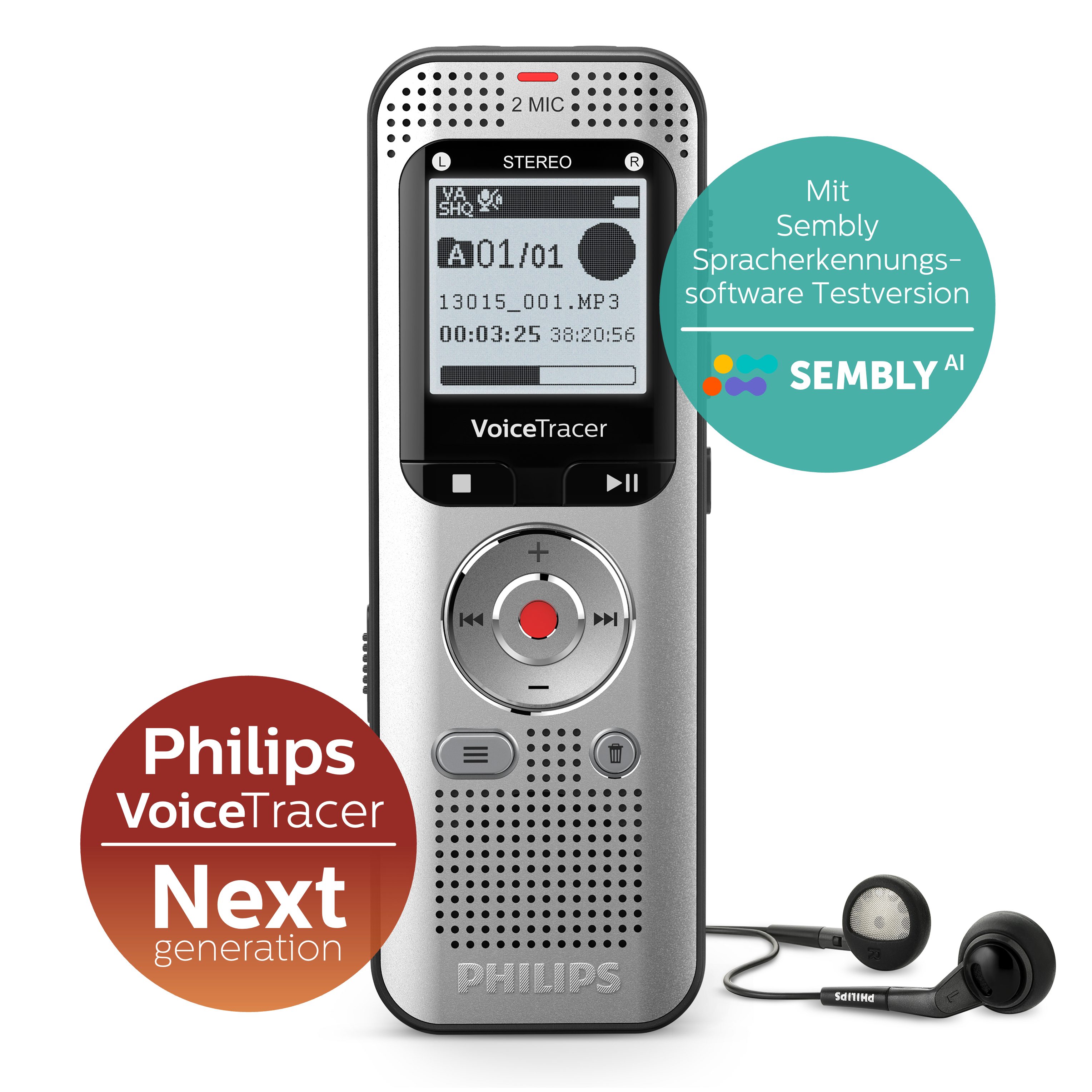 Philips DVT2015 Audio recorder Digitales Diktiergerät (Stereo MP3/PCM, 8GB, Inkl. Sembly Sprache-zu-Text-Cloud-Software)