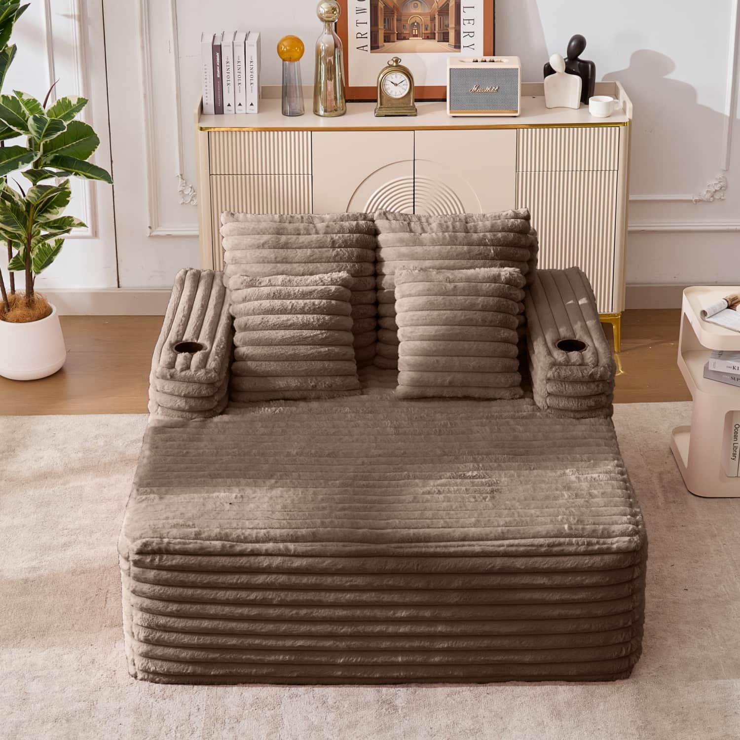 ANYSUN XXL-Sessel mit extra tiefer Sitzfläche, Schaumstoffpolsterung & 2 Getränkehaltern, Chaiselongue für 2 Personen mit Rückenkissen & Armlehnen, ohne Montage