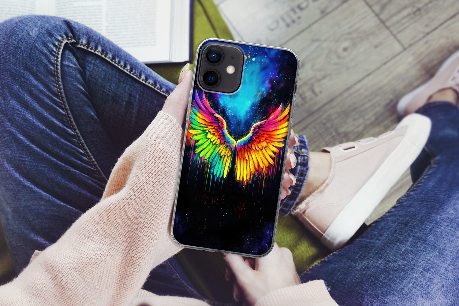 MuchoWow Handyhülle für Apple iPhone 12 Regenbogenfarben - Flügel - Magisch, Smartphone-Bumper, Print, Handy Schutzhülle Dünn