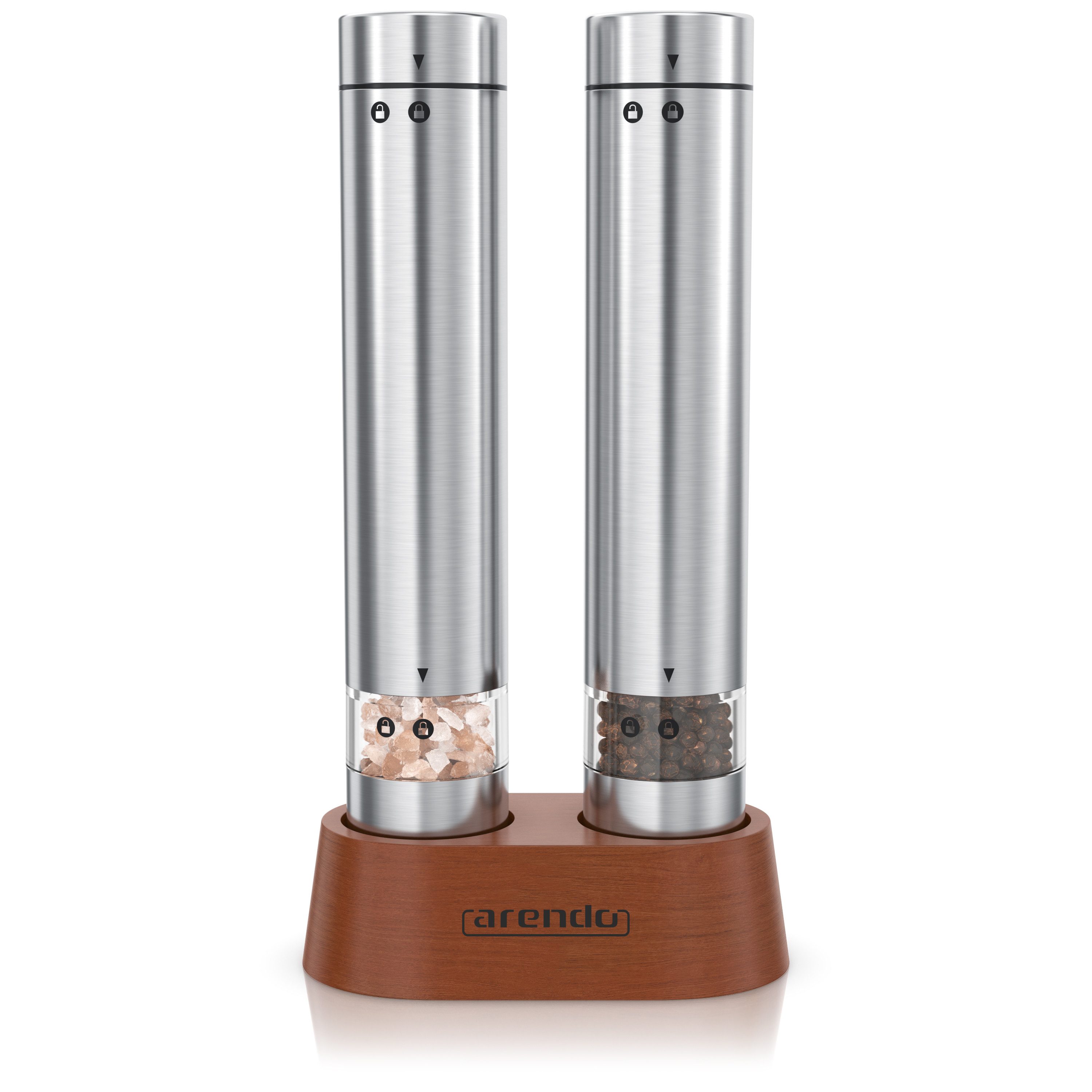 Arendo Salz-/Pfeffermühle Elektrische Salzmühle & Pfeffermühle, stufenlos einstellbar Batterie, Netzkabel, Akku, (2 Stück), Edelstahl, Keramikmahlwerk, 2er Set, Glasbehälter, Holzständer