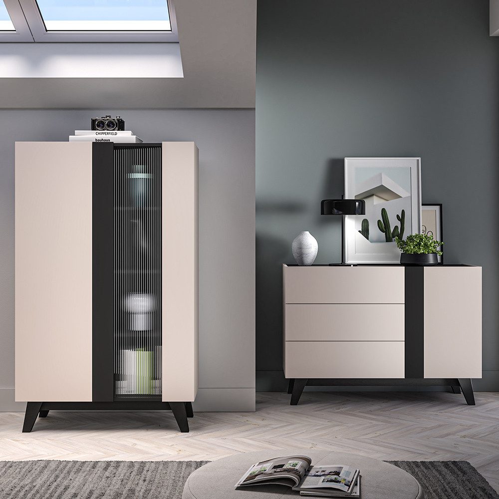 Lomadox Wohnzimmer-Set FRIONA-131, (Mega-Spar-Set, 2-St., Highboard Kommode), kaschmir schwarz modern Мебліfüße Softclose Glastür