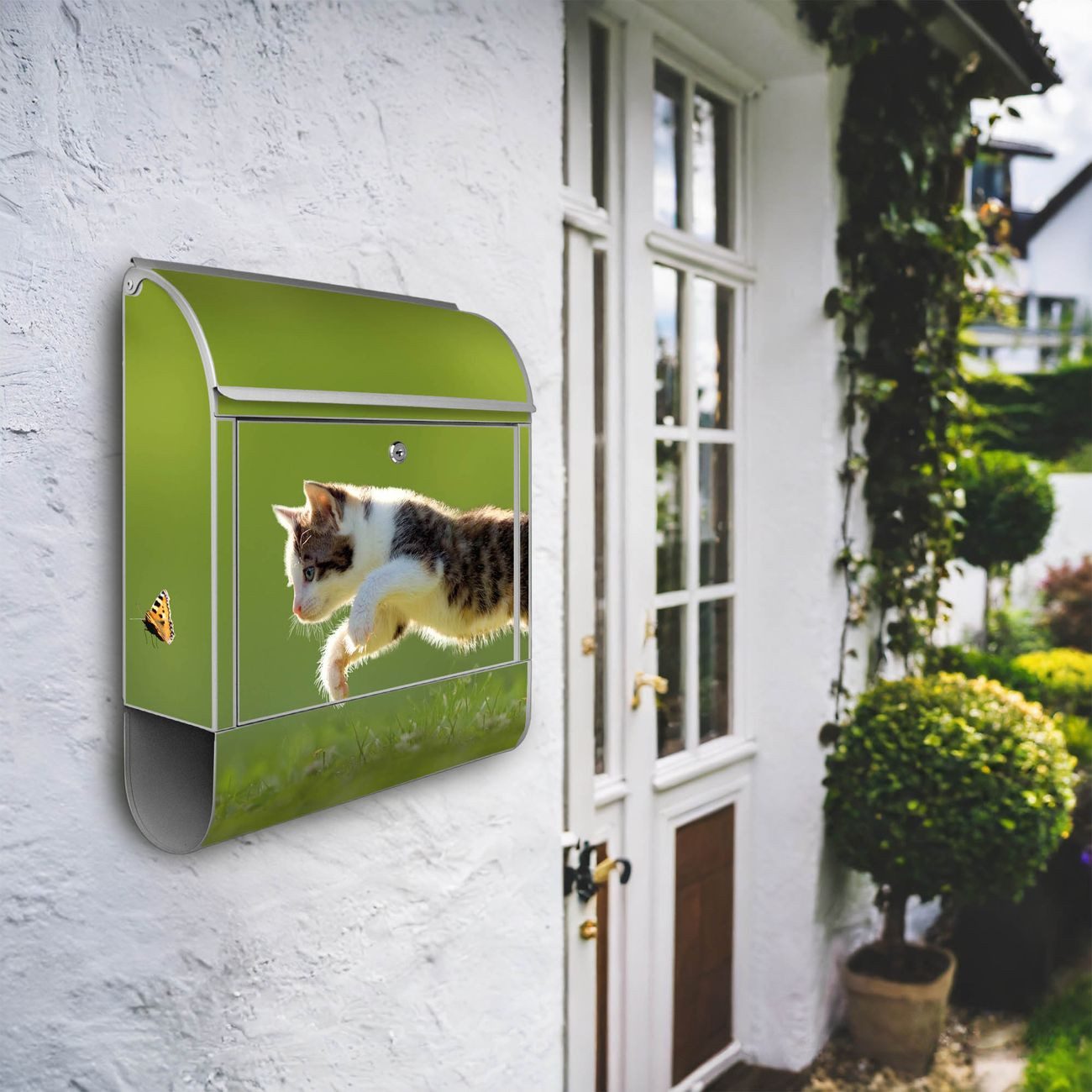 Thumbnail - banjado Wandbriefkasten Stahl Jagende Katze (Wandbriefkasten witterungsbeständig, pulverbeschichtet, mit Zeitungsfach), ...