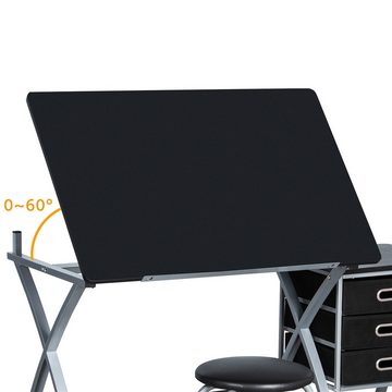 Yaheetech Zeichentisch, Schreibtisch mit Kippbarer Tischplatte, mit 3 Schubladen & 1 Hocker