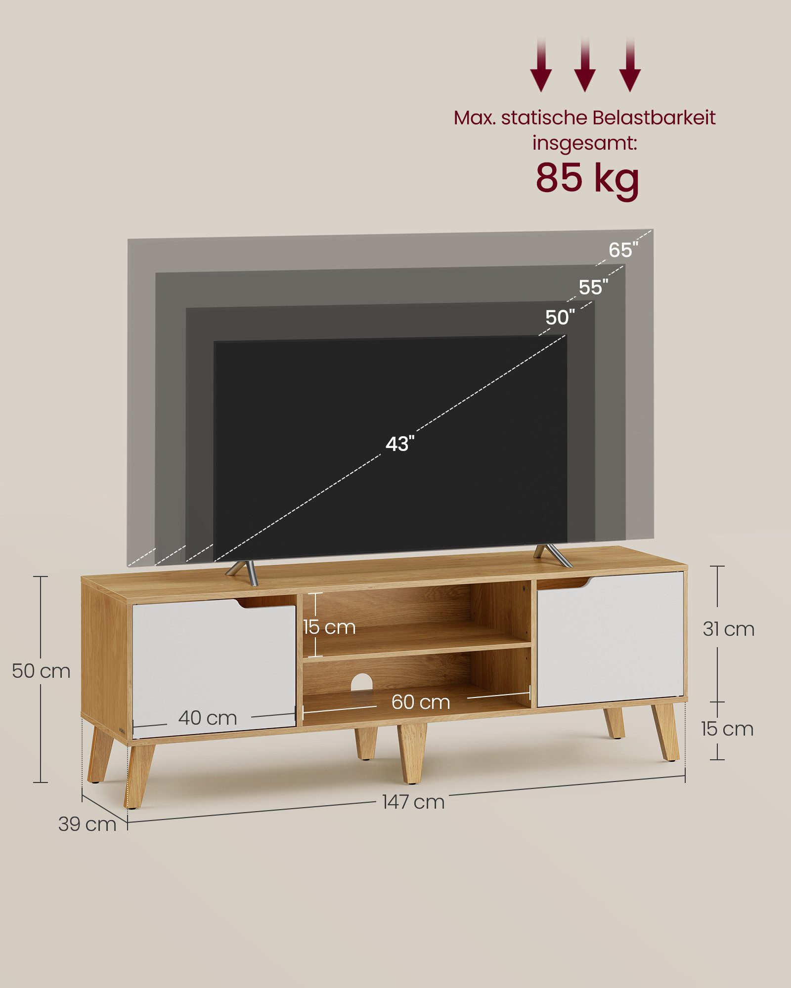 VASAGLE Lowboard TV-Schrank mit verstellbarer Ablage, 147cm lang, für Fernseher bis zu 65 Zoll, Wohnzimmer, Modern – Bild 4 von 5