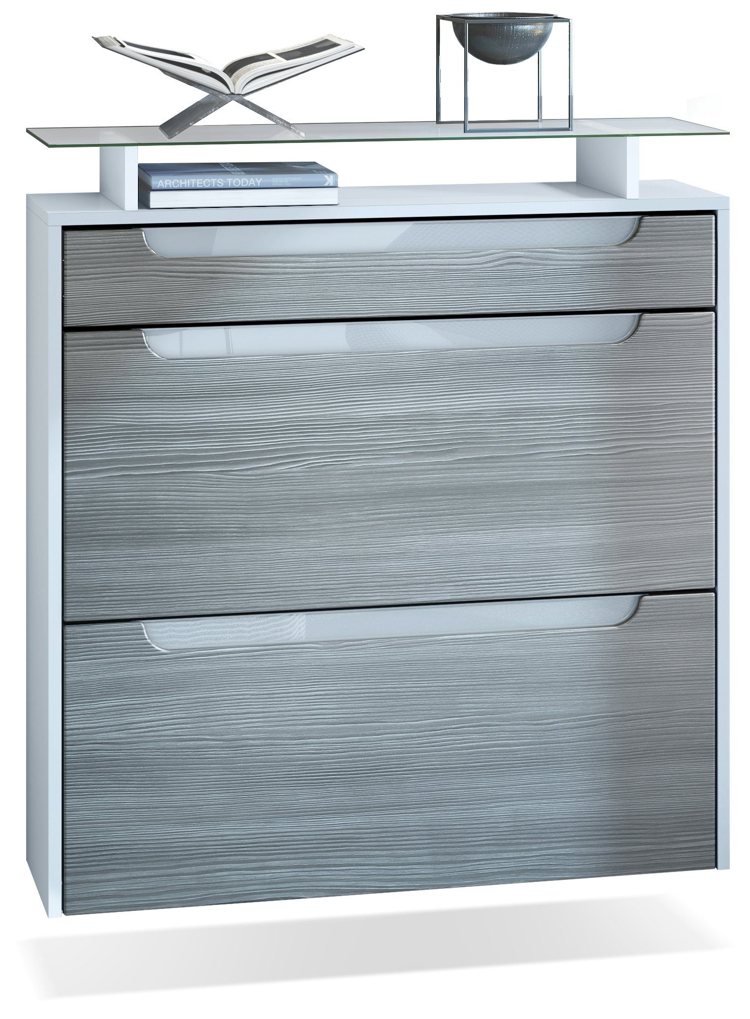 Vladon Schuhschrank Annie (Schuhkipper für 16 Paar Schuhe, mit 2 Klappen, Schublade und Glasablage) Weiß matt/Avola-Anthrazit/Weiß Hochglanz (89 x 96 x 23 cm)