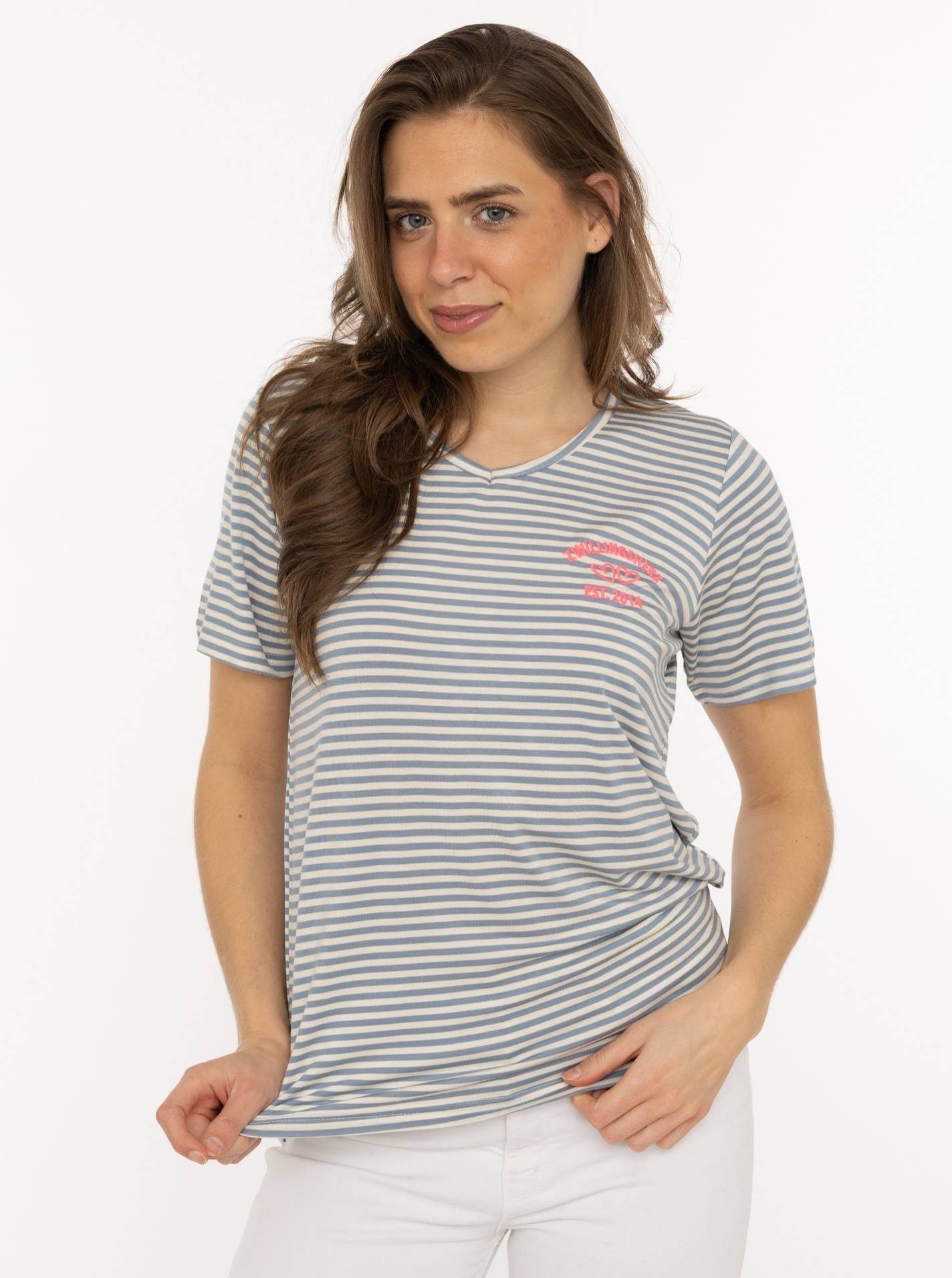 Zwillingsherz T-Shirt "Zwillingsherz" V-Neck, gestreift, kleines Motiv gestickt