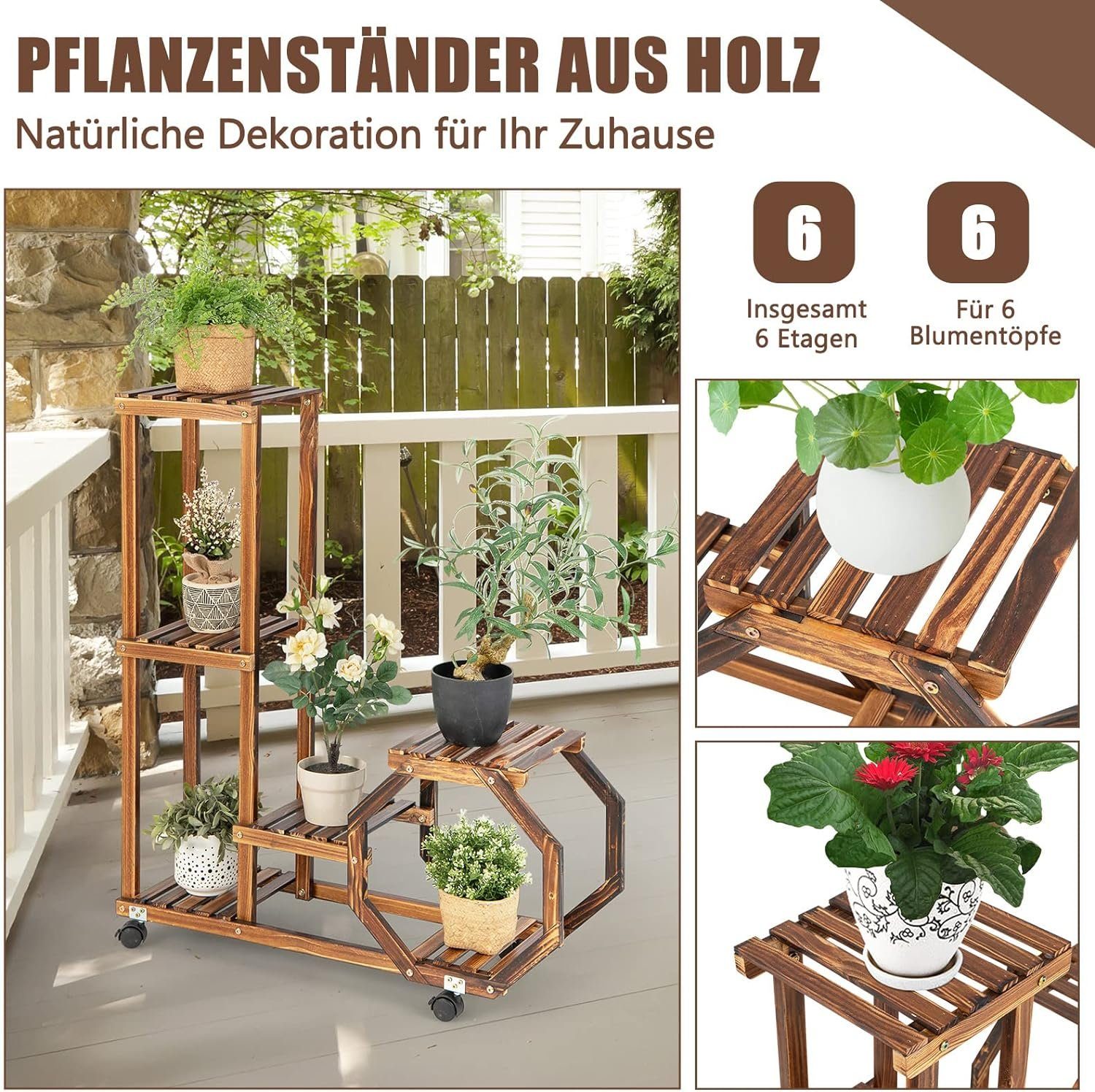 mit Ebenen 6 Blumenregal, KOMFOTTEU Pflanzentreppe Rollen,