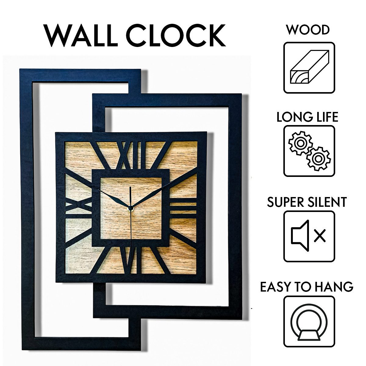 ORNAMENTI Wanduhr Große handgefertigte, moderne, aus Holz, Hingucker, 44 x 56 cm, Eiche (Rechteckig vertikal ohne Tickgeräusche für Wohnzimmer lesbare Ziffern)