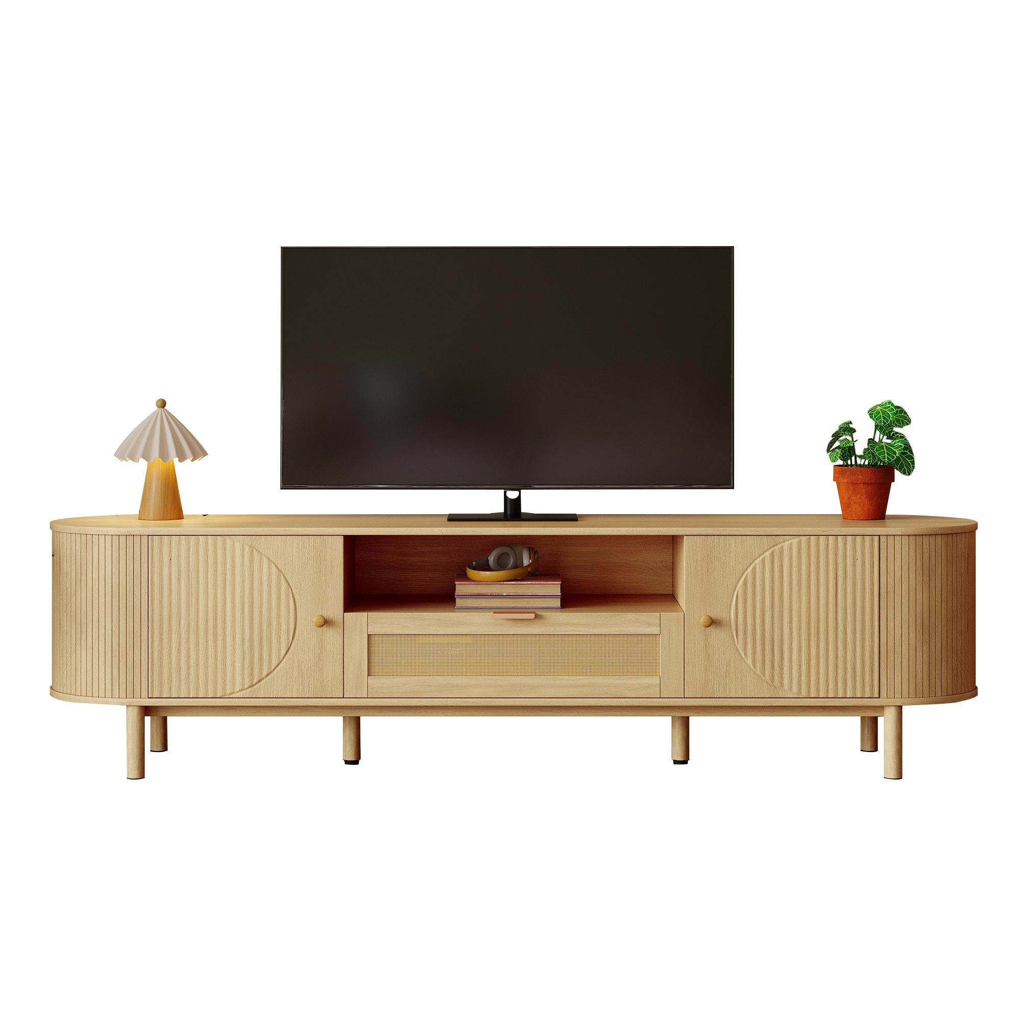 BlingBin TV-Schrank Moderner Fernsehschrank Fernsehtisch Lowboard TV-Board TV-Tisch (Aufbewahrungsschrank mit 1 Rattan-Schubladen, 1 Offenen Fächern und 2 Türen, Metallbeinen in Holzoptik, 1-St., Gesamtabmessungen: 175*36*41 cm, Produktladung: 50kg) Wohnzimmermöbel, Abgerundeter Tischplatte, MDF, Holzfarbe