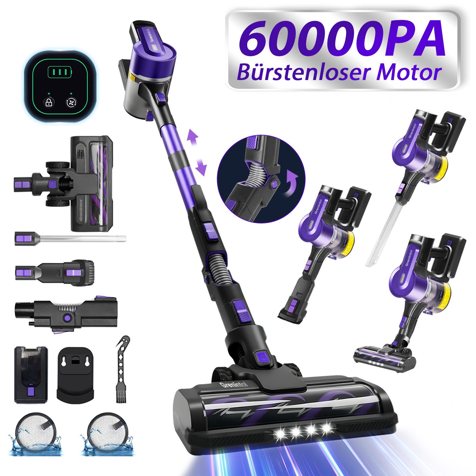 Akku-Hand-und Stielstaubsauger Akku Staubsauger, 60000Pa/500W/60Min/ Kabelloser Staubsauger,LED