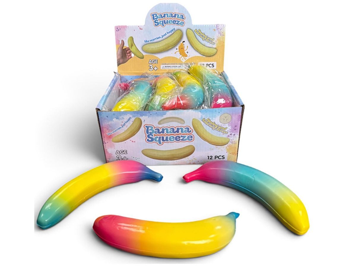 meytrade Knete Squishy Banana in Regenbogen Farben, Antistress Banane, Trend Neuheit Sommer 2026