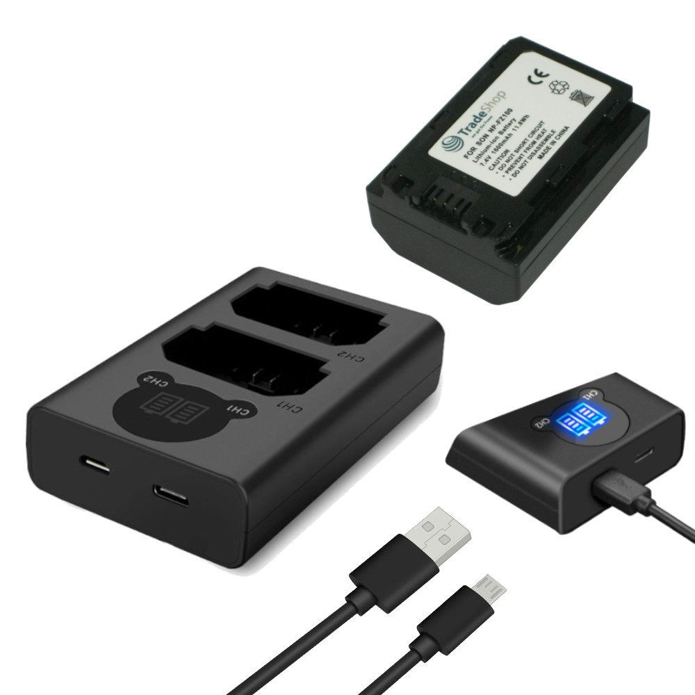 Trade-Shop 2in1 Set passend für Sony Alpha A7R IV / A7R4 / A7 Ladegerät + Kamera-Akku Li-Ion 1600 mAh (7,4 V), Für 220V Steckdose und 12V/24V Kfz Zigarettenanzünder