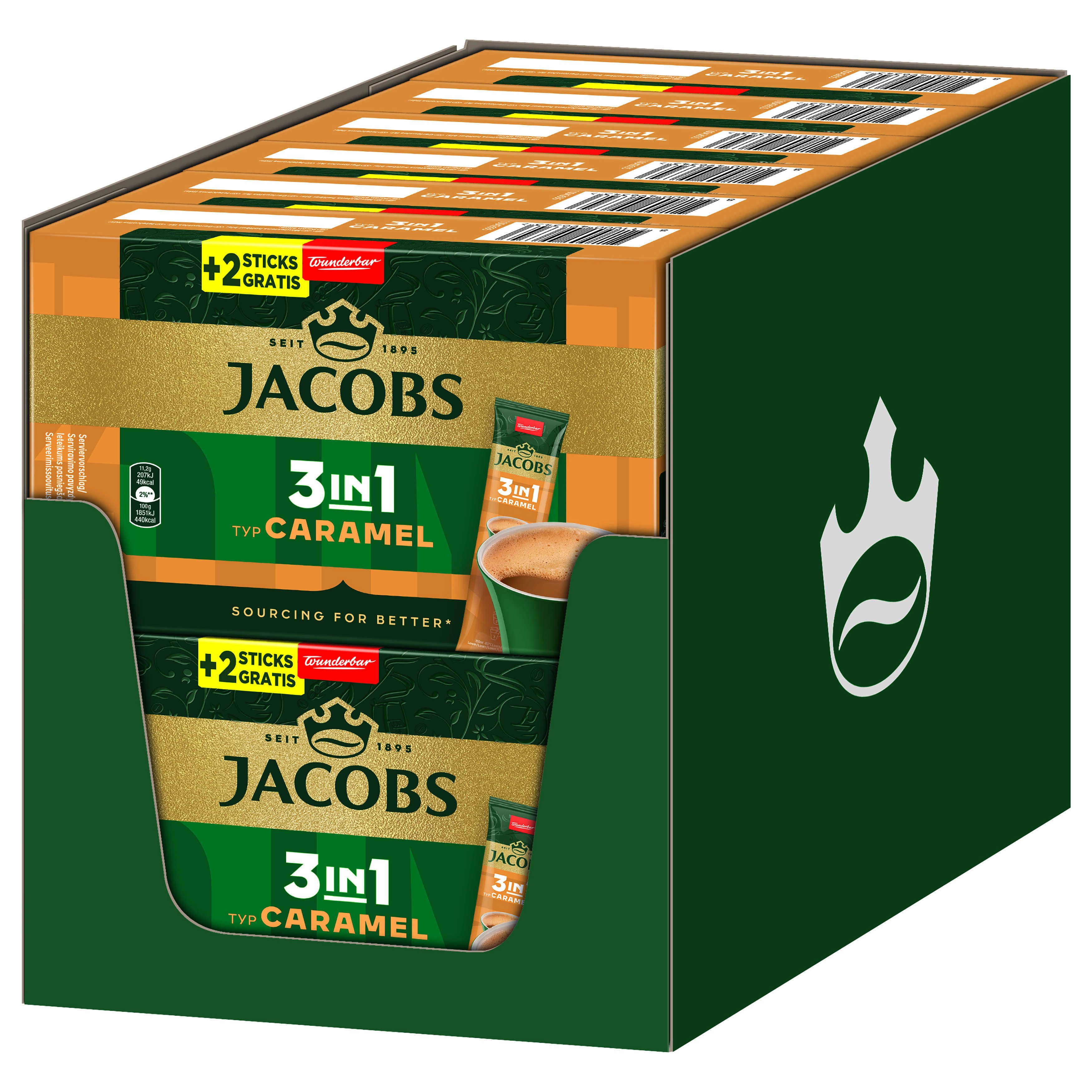 JACOBS Kaffee Löskaffee 3in1 Typ Caramel 12x 10+2 Getränke Sticks löslicher Kaffee, 1613 g, (Packung, 12er Pack)