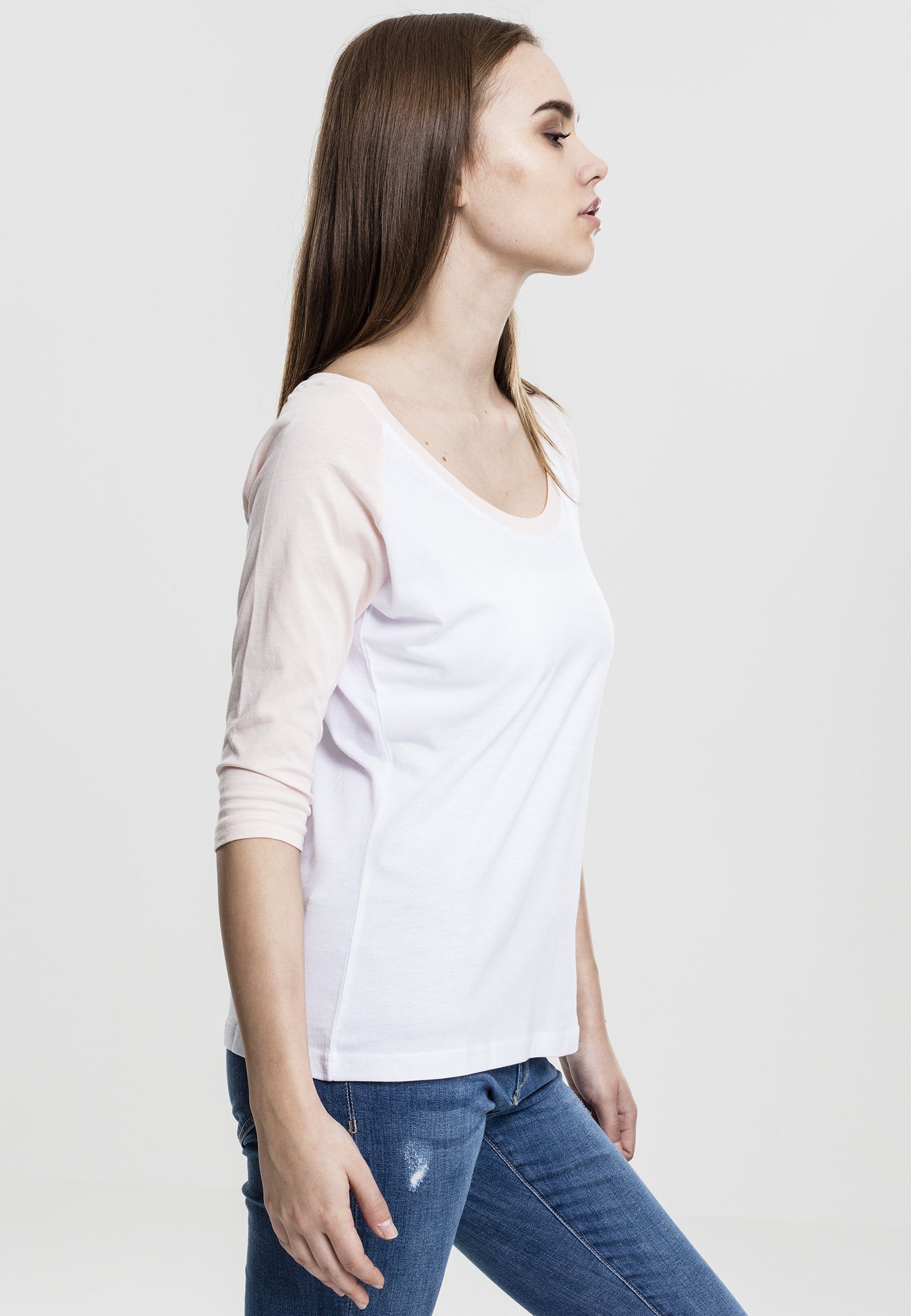 Contrast URBAN CLASSICS Ladies Raglan (1-tlg) Tee 3/4 Damen white/pink Kurzarmshirt