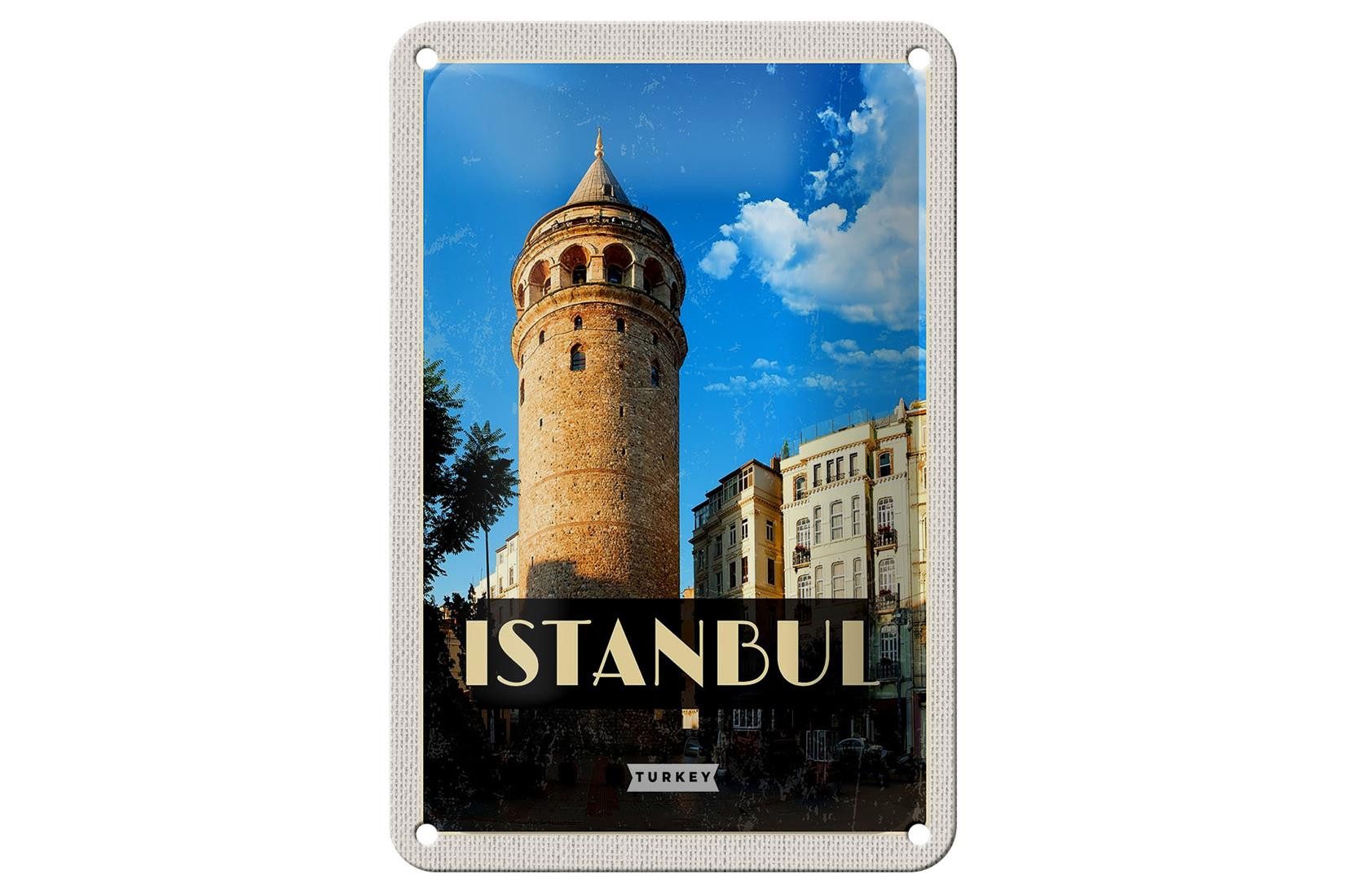 Femer GmbH Metallschild Reise 12x18cm Retro Istanbul Turkey Galataturm, (1 St), gewölbte Oberfläche, abgerundete Ecken, umgeschlagene Kanten