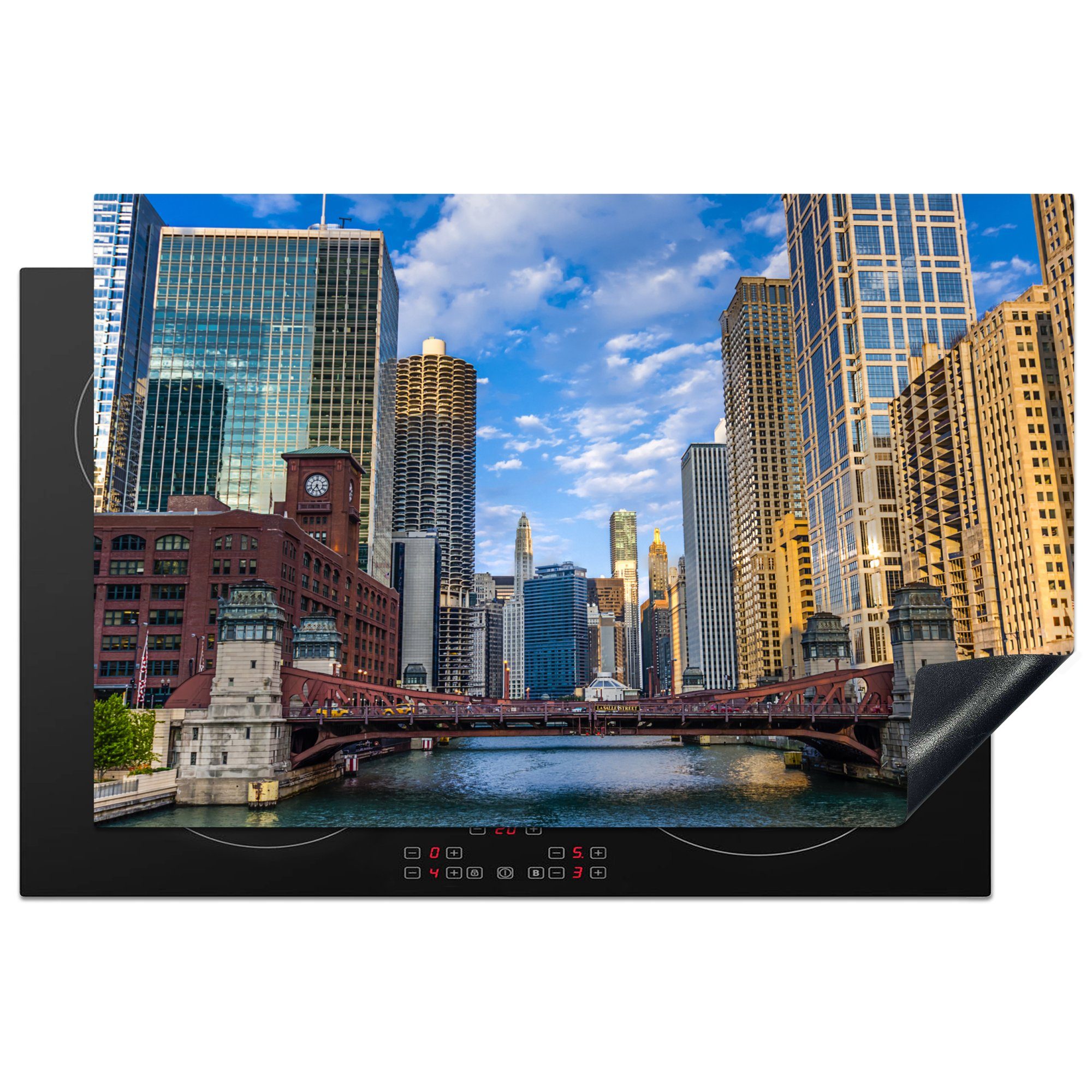 MuchoWow Herdblende-/Abdeckplatte Chicago - Fluss - Brücke, Vinyl, (1 tlg), 81x52 cm, Induktionskochfeld Schutz für die küche, Ceranfeldabdeckung