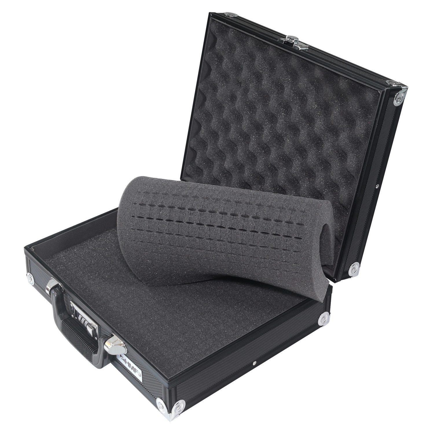HMF Kameratasche abschließbarer Alu Fotokoffer mit 3er Zahlenschloss, Transportkoffer mit Rasterschaumstoff, 36,5 x 29 x 12 cm, Schwarz