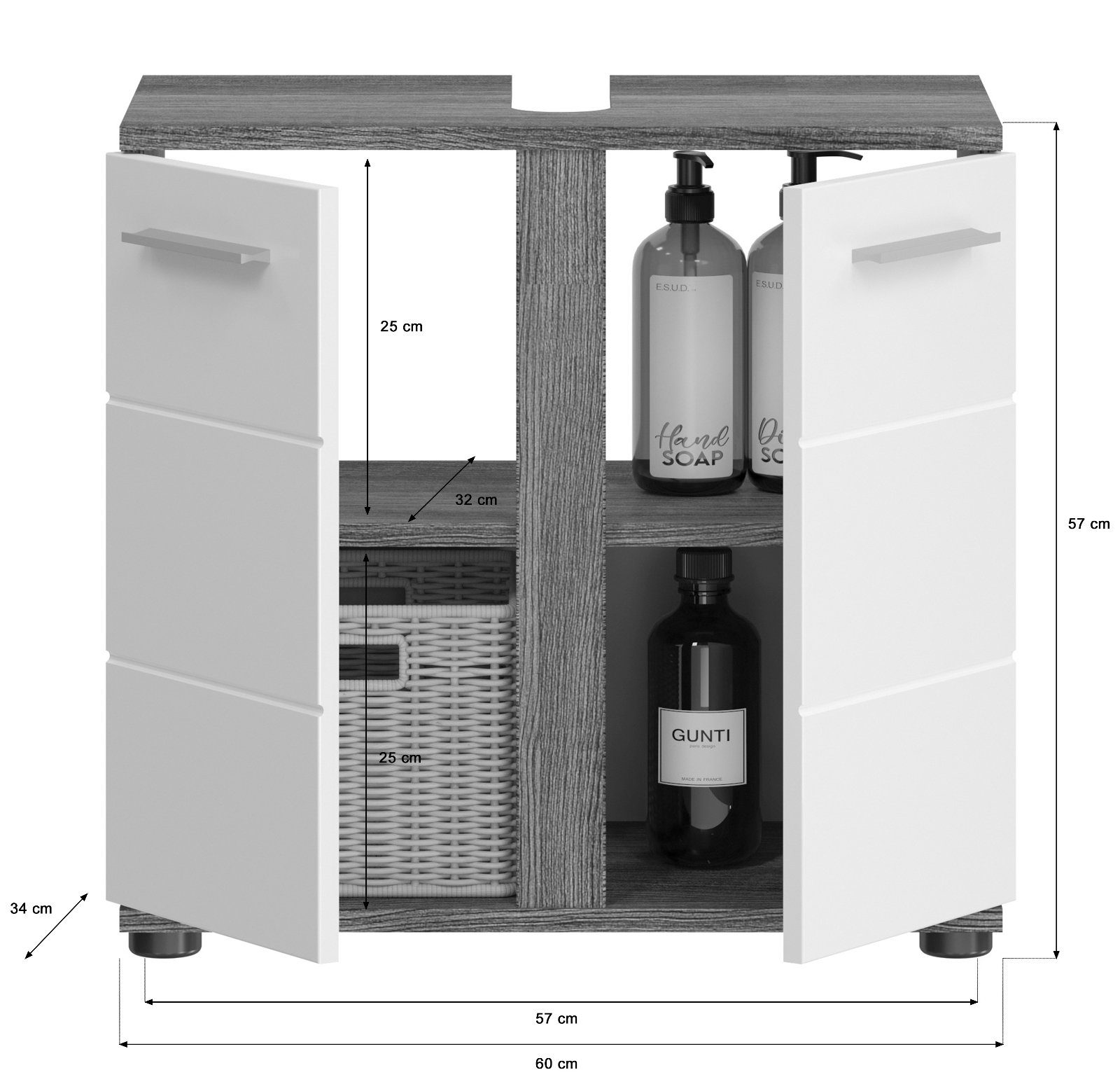 xonox.home Unterschrank 2-türig, grau 60 Fächer Blake 2 (Waschtisch und Hochglanz Waschbeckenunterschrank cm) weiß Breite Rauchsilber,