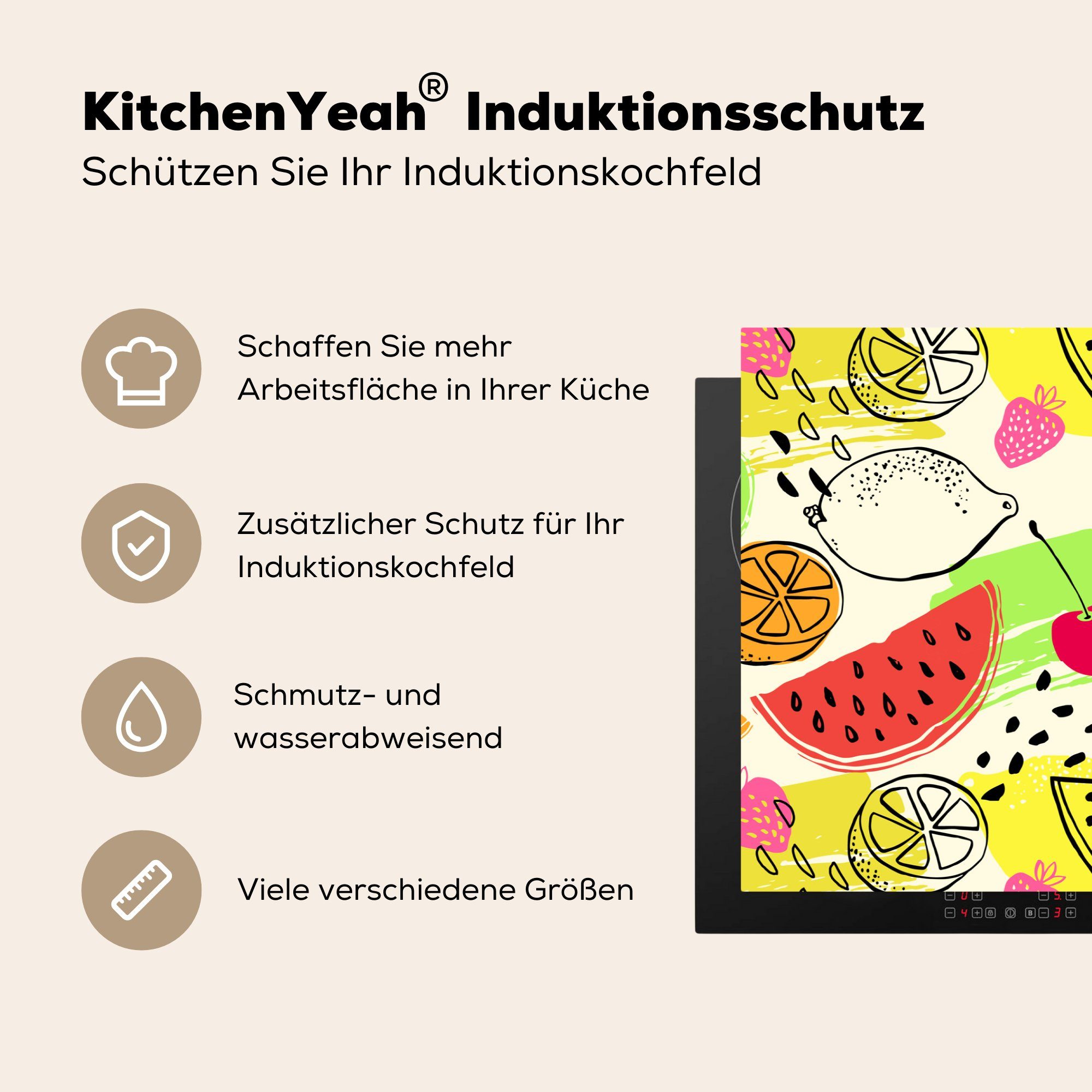 MuchoWow Gelb - Schutz - - Herdblende-/Abdeckplatte Grün, Obst für Ceranfeldabdeckung Induktionskochfeld tlg), die Vinyl, (1 cm, 81x52 küche, Farben