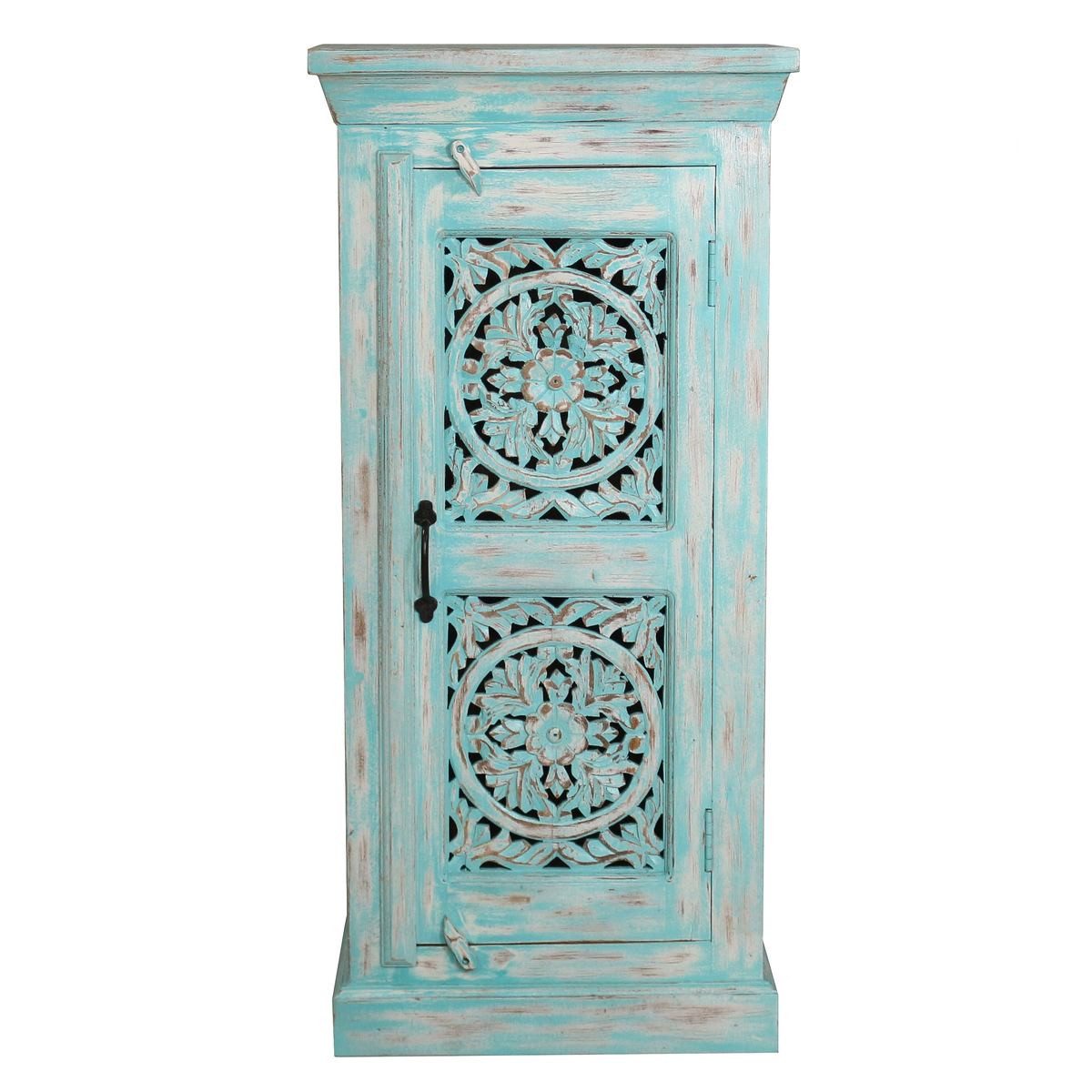 Oriental Galerie Mehrzweckschrank Blaue Kommode kleiner Schrank Indien Blau 107cm Flurschrank schmal hoch, Diele, Nachtschrank, Landhaus