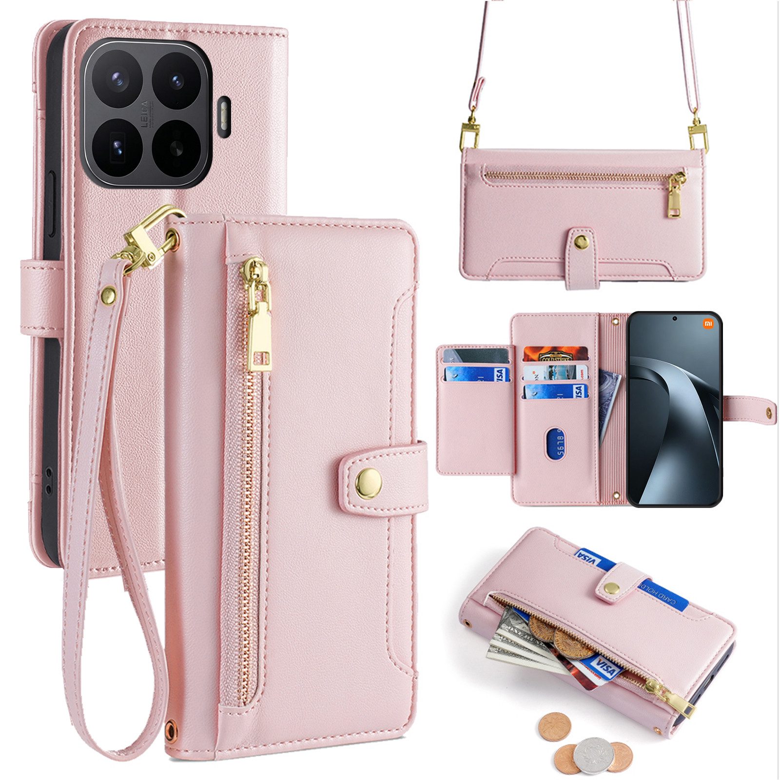 betterfon Handykette mit Portemonnaie für Xiaomi 17T Pro - Handykette 5 Kartenfächer Rosa, 5 Kartenfächer + verstellbare Kette & Standfunktion mit TPU-Schutz