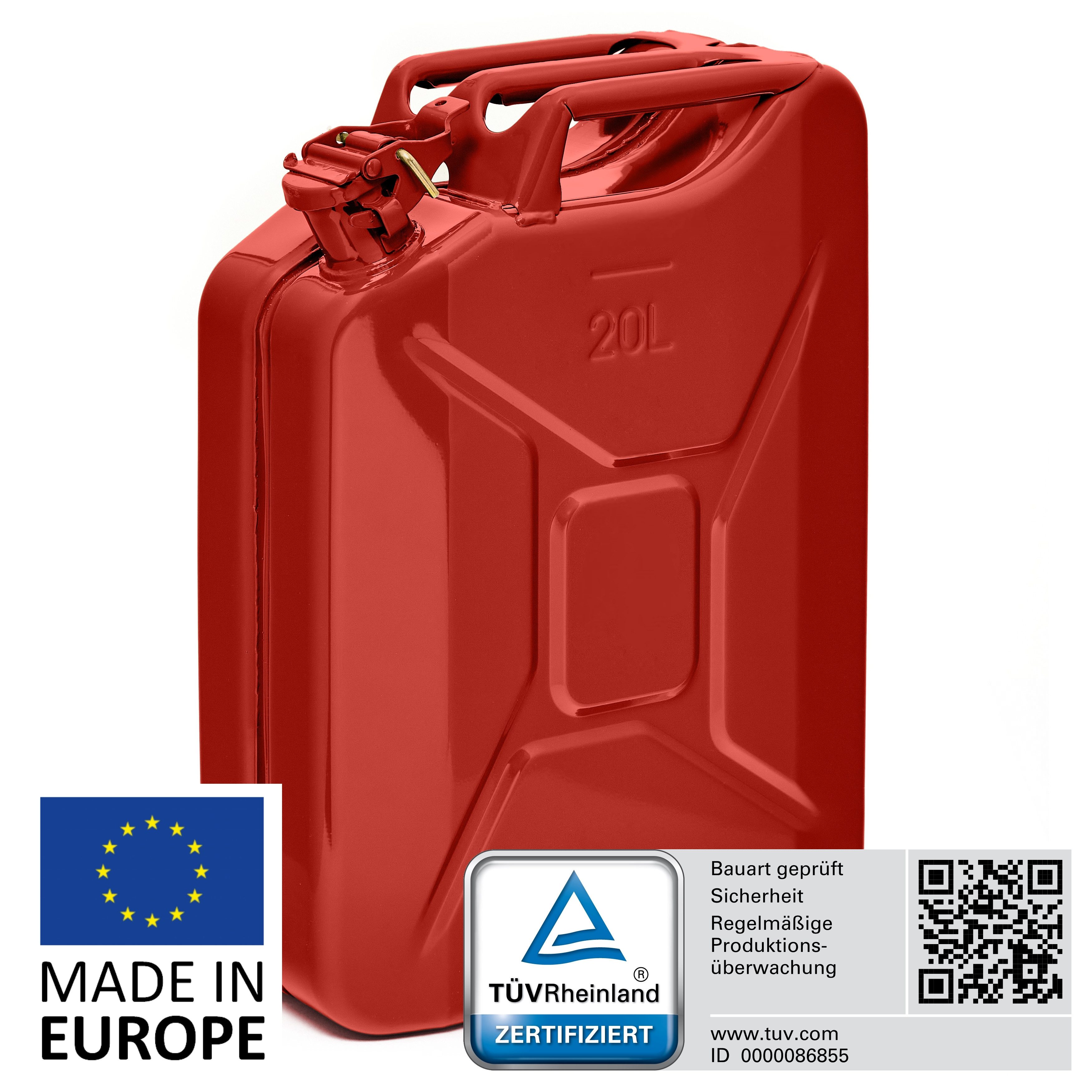 BW Бензин может Metall Kraftstoffkanister 20 Liter - Rot - RAL 3000 (5L,10L und 20L, mit Ausgießer), TÜV-geprüft und UN-Zulassung - Made in Europe