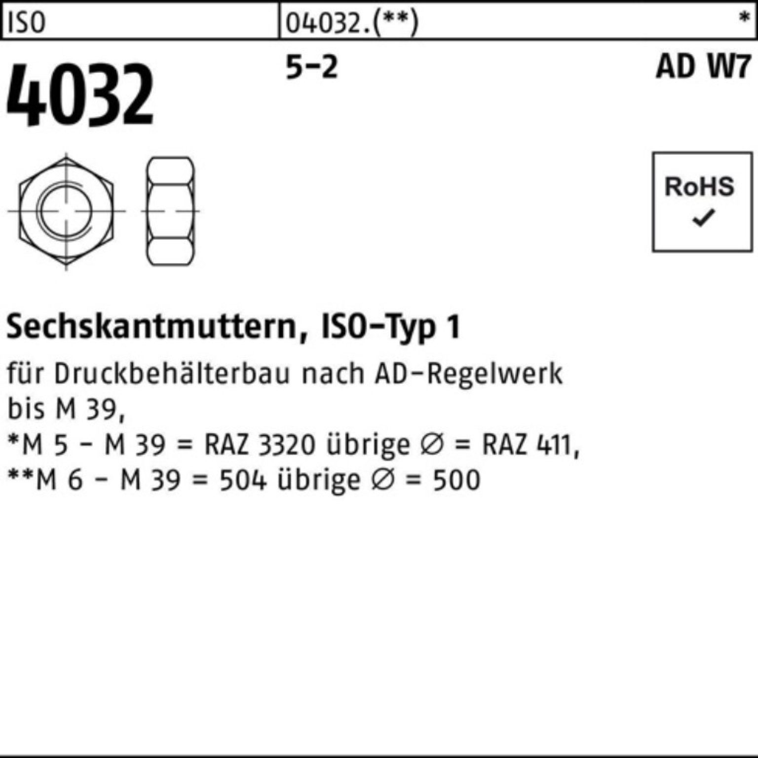 M42 106 100er Pack Muttern AD ISO ISO 1 Stück Sechskantmutter Bufab W7/TRD 4032 5-2
